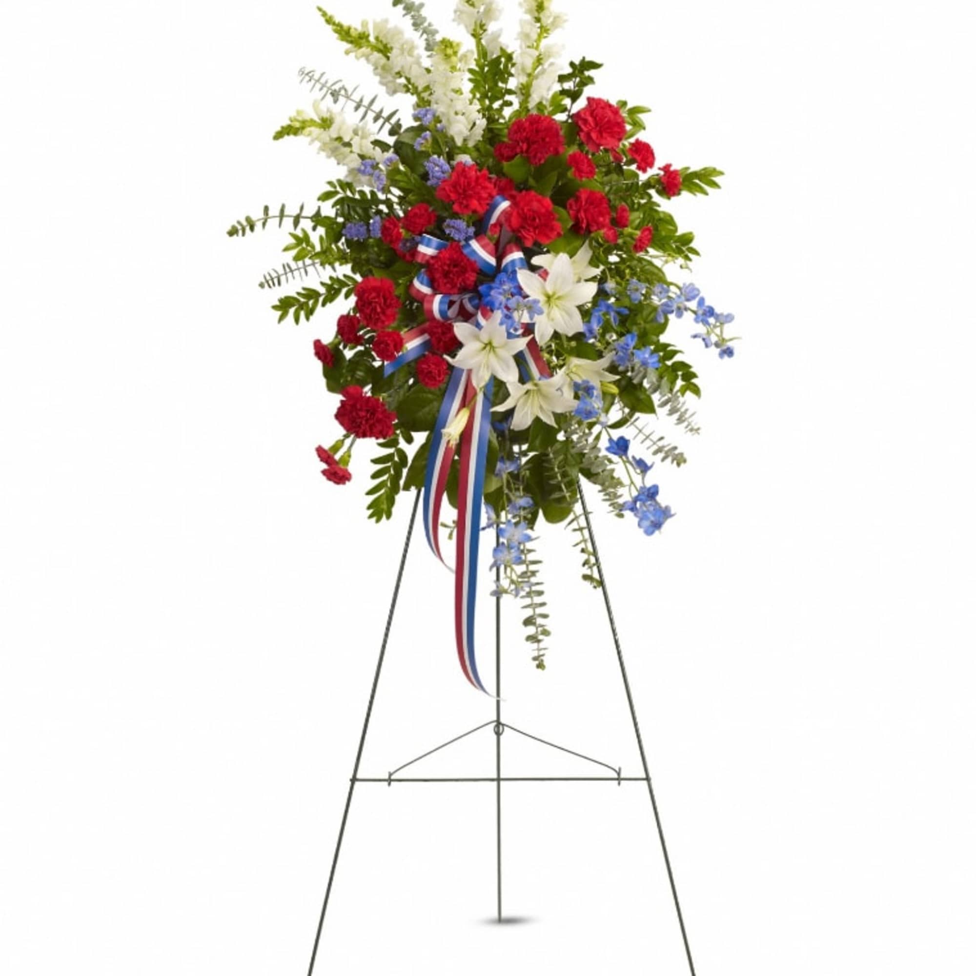 Standing tall, proud and patriotic, this dazzling free-standing spray is like a