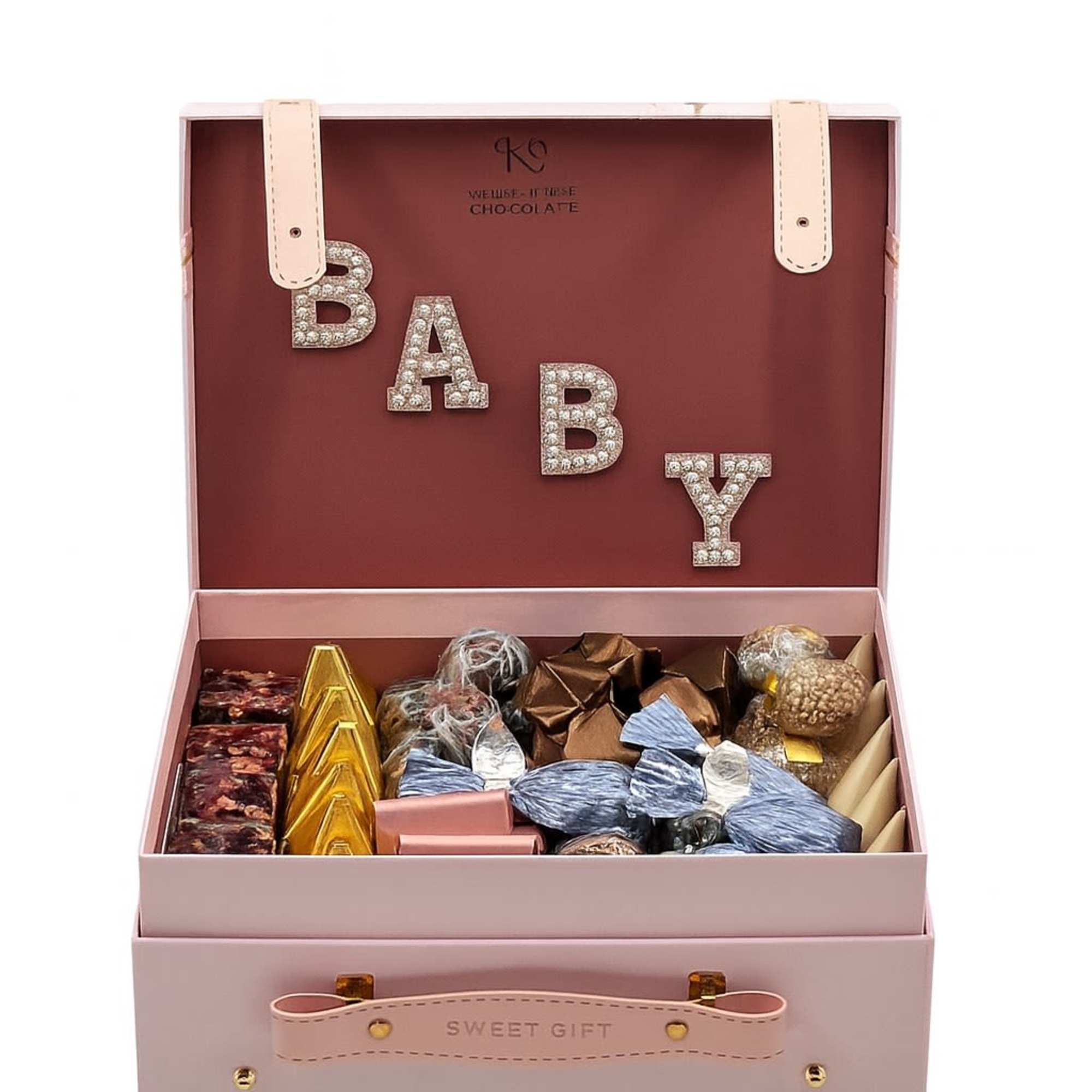A charming pink keepsake box filled with an assortment of premium chocolates