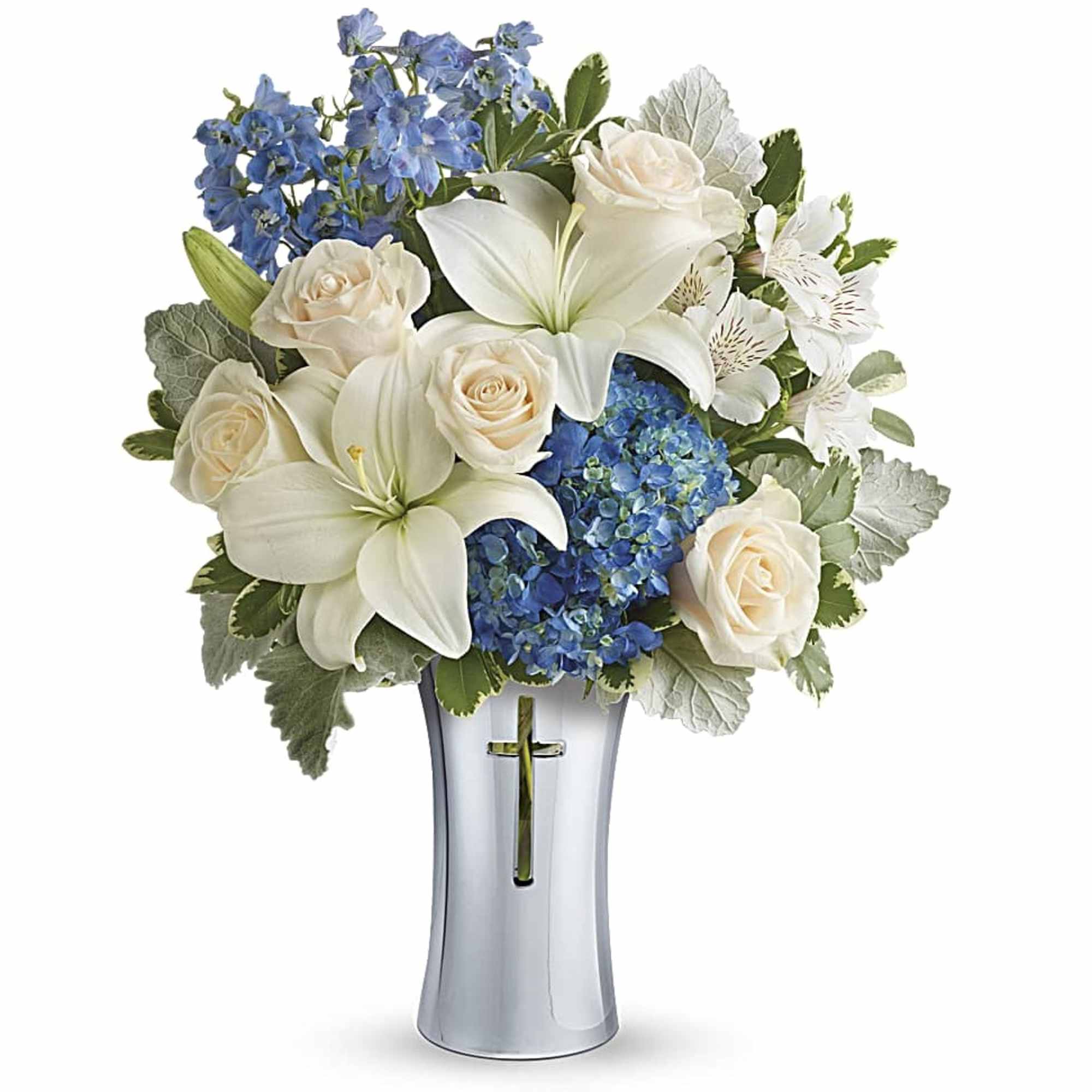 An elegant expression of your deepest condolences, this majestic mix of blue