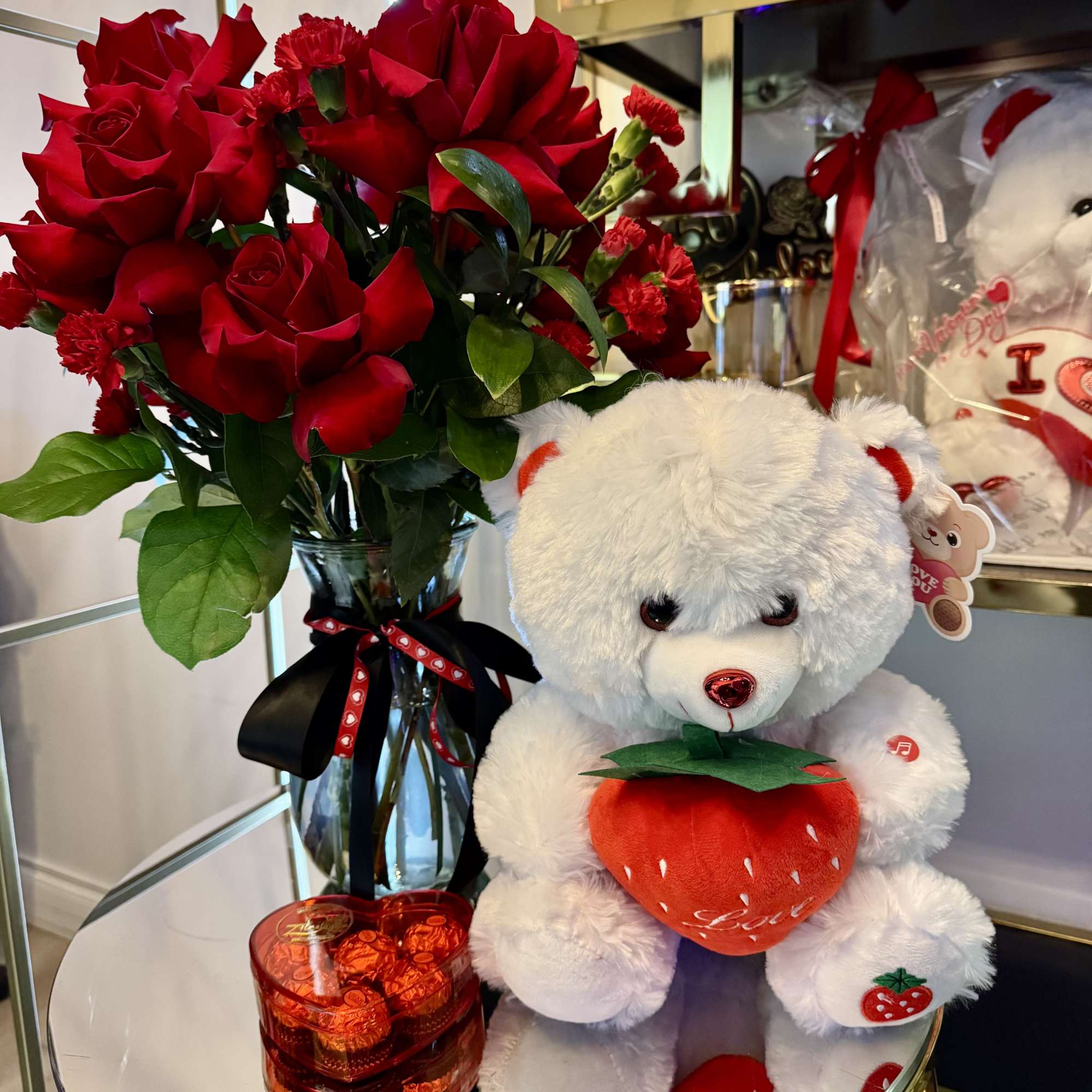 The perfect Valentine&rsquo;s Trio ️
Red roses, a cuddly teddy &amp; Ferrero Rocher