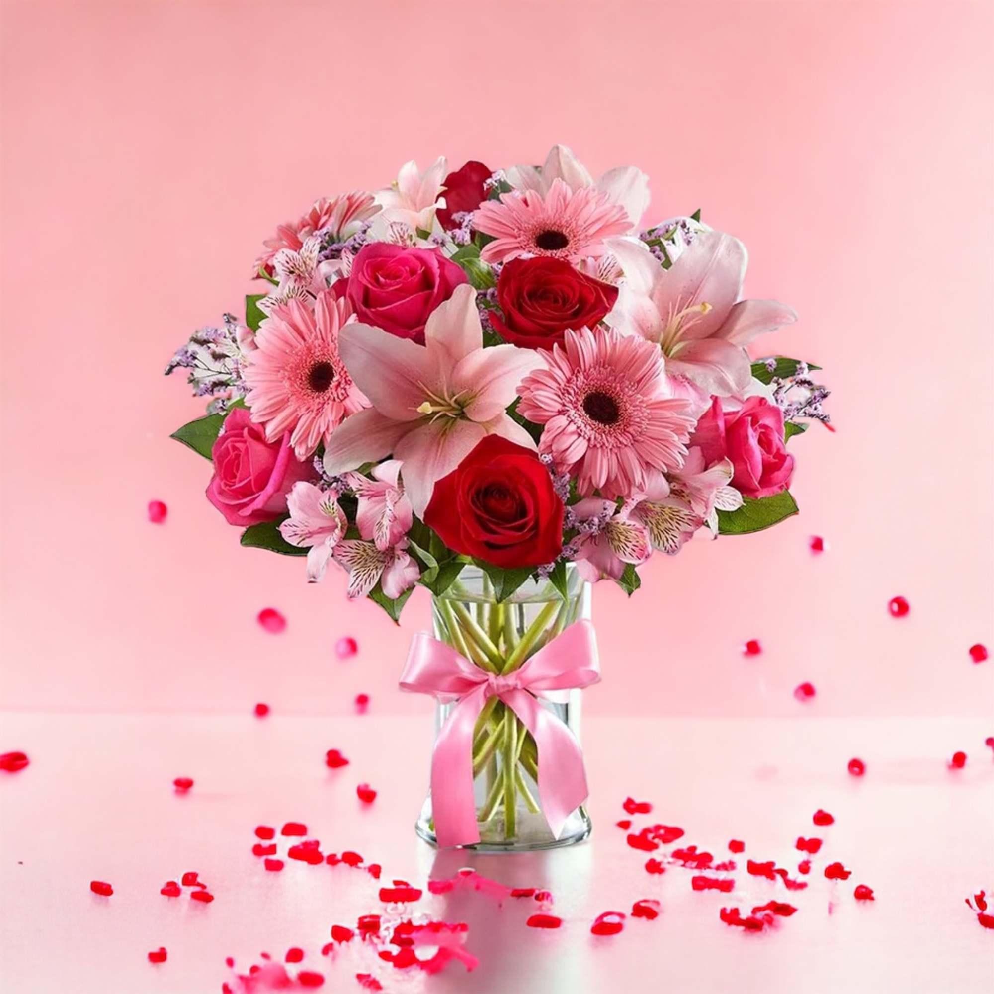 Red roses, pink lilies, hot pink roses, pink gerber daisies, pink astro