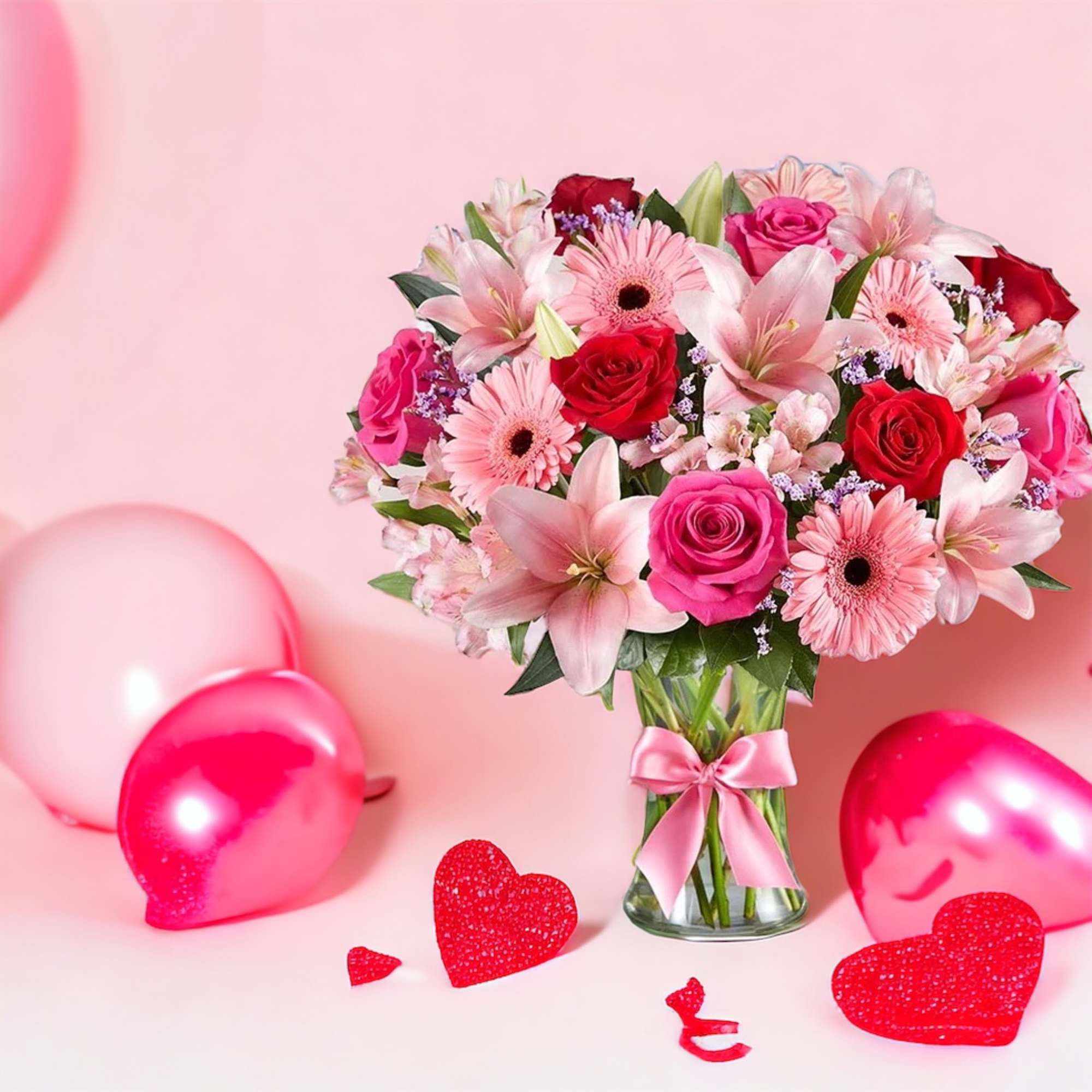 Red roses, pink lilies, hot pink roses, pink gerber daisies, pink astro