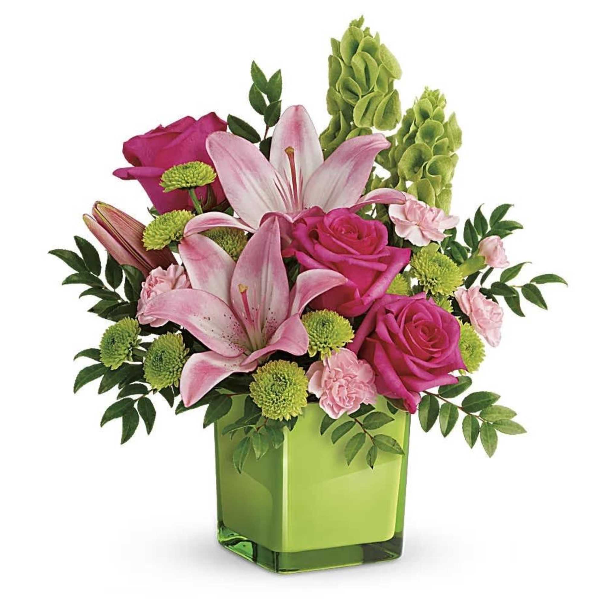 They'll fall in love with this pretty, playful bouquet! Pink roses and