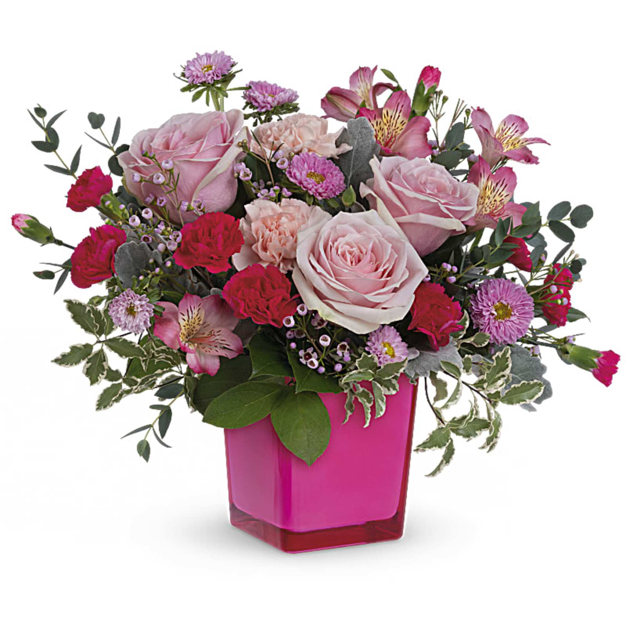Make the moment magical with this joyful pink rose bouquet in a