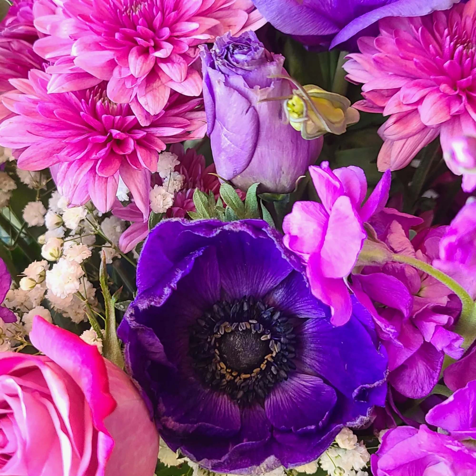 Spread the joy with this arrangement of roses, mums, anemones, and more!