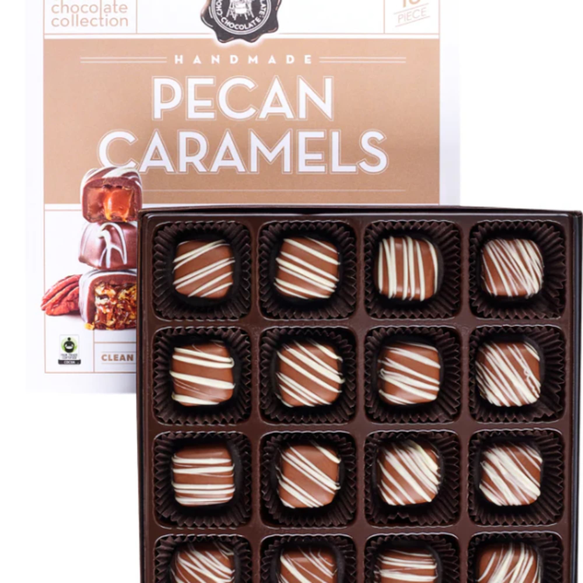 Toasted Pecans &amp; Buttery Caramels are cut into squares and dipped in