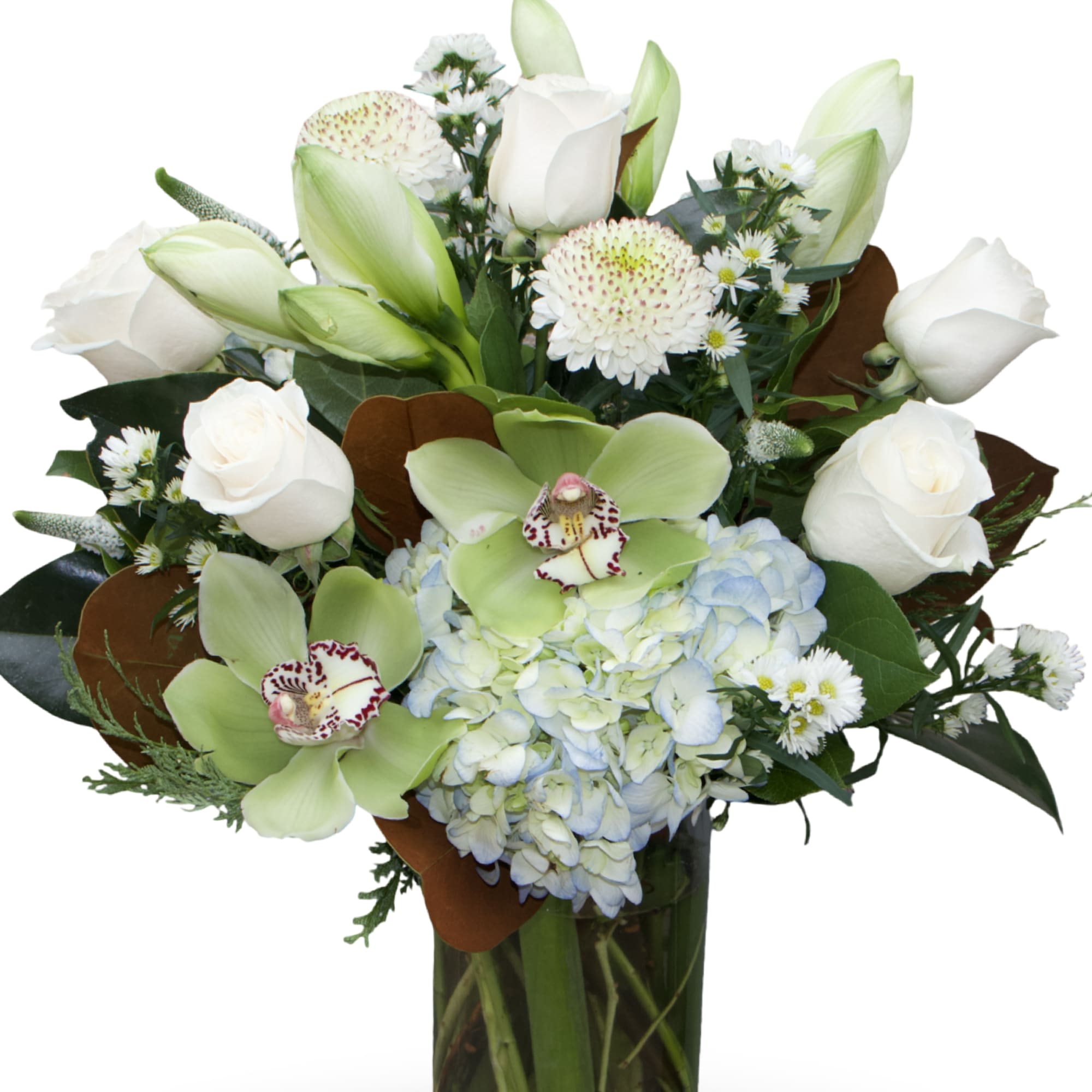 A serene winter arrangement featuring crisp white roses, soft blue hydrangea, elegant