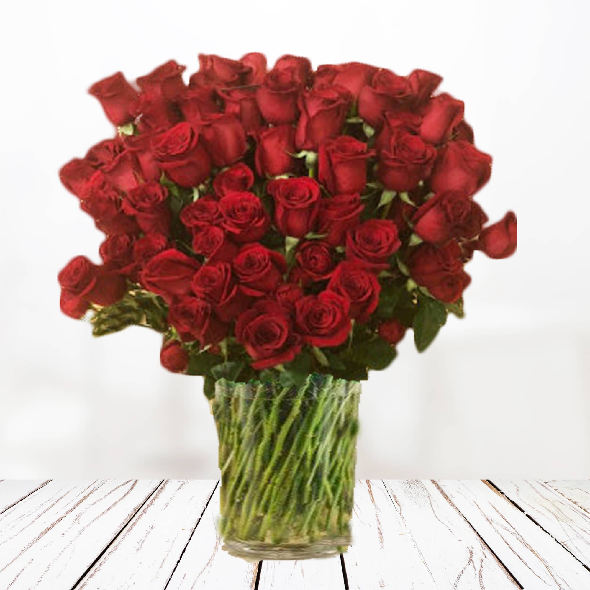 One hundred stunning long-stemmed red roses. Each arrangement is one-of-a-kind. 

Each arrangement