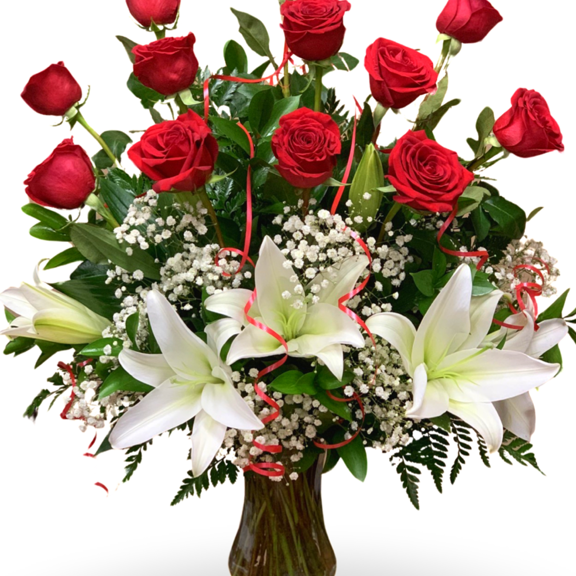 12 Long Stems Premium Roses arrived perfectly arranged in a glass vase
