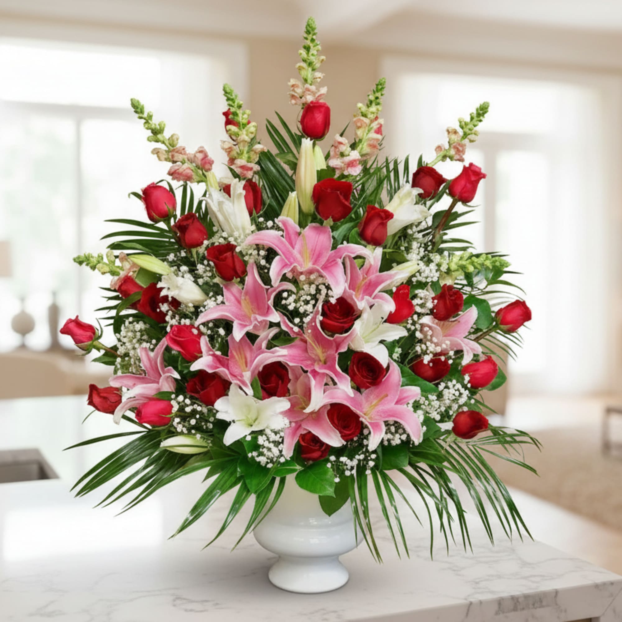 Our EXCLUSIVE floral arrangement is about 4ft H X 3ft W.

It's more