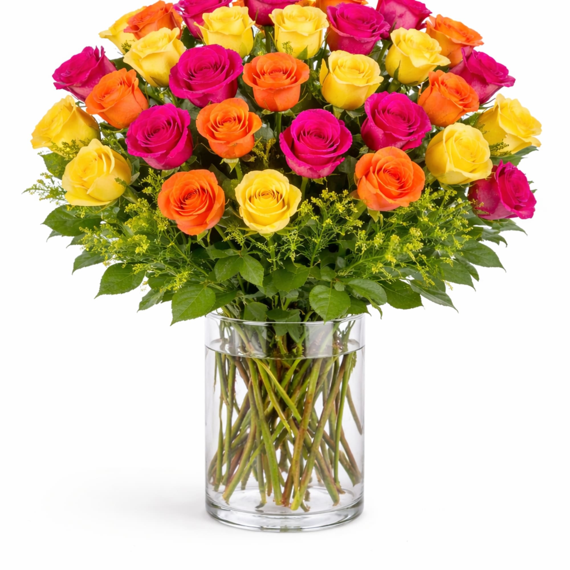 Send an explosion of color with this long-stemmed rose arrangement perfect for