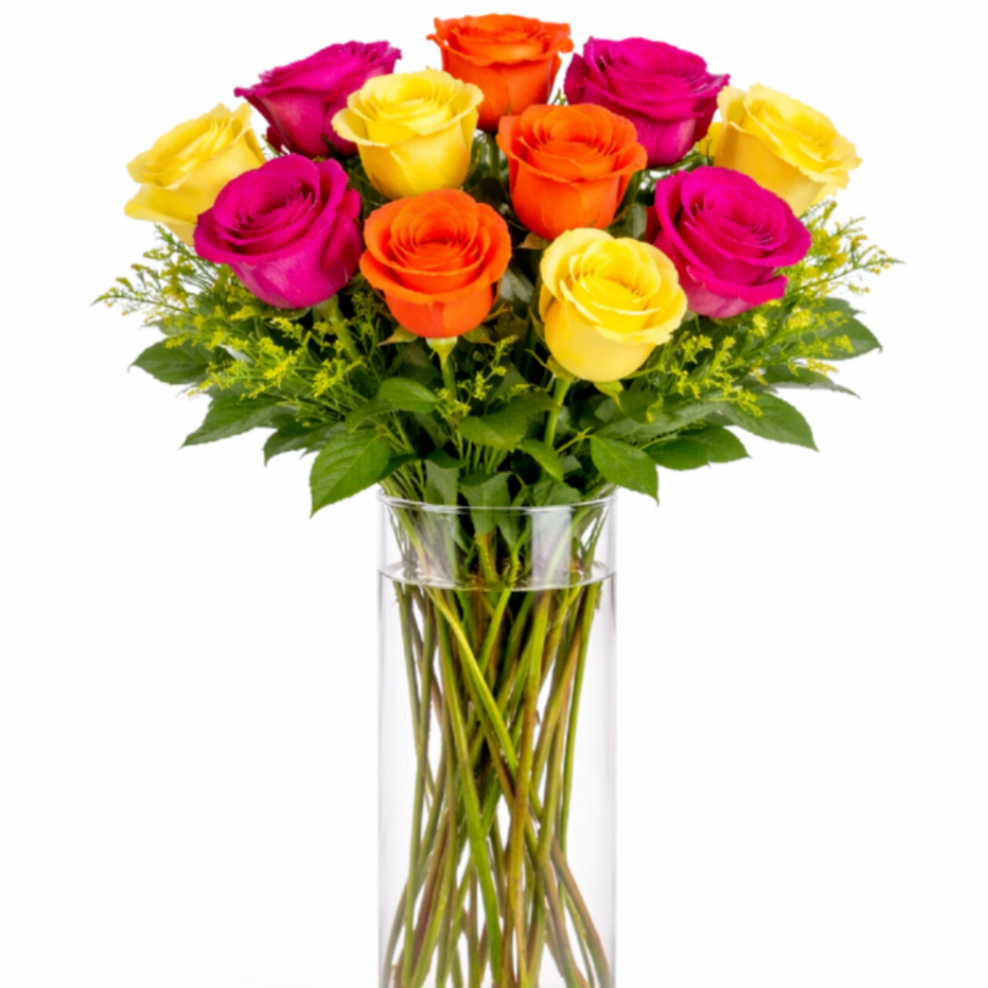 Send an explosion of color with this long-stemmed rose arrangement perfect for