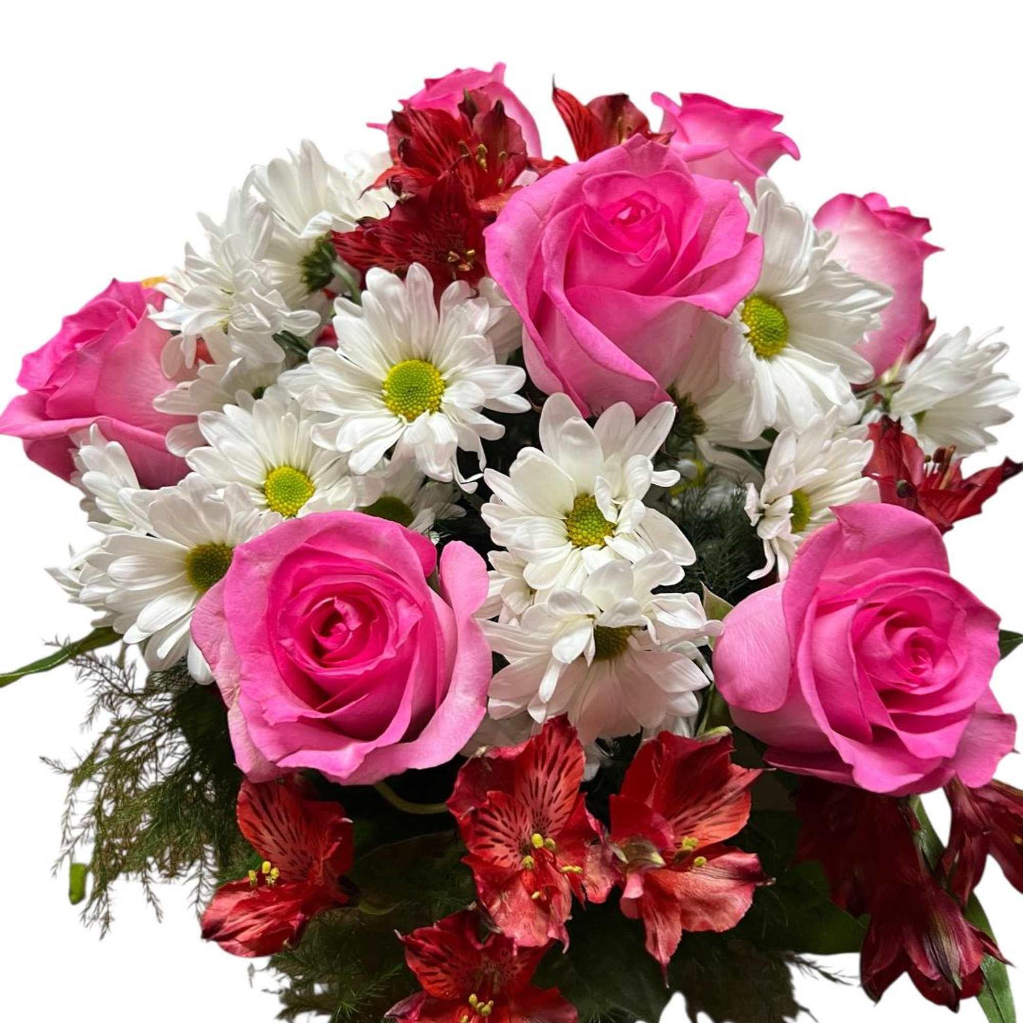 Hot pink roses, white mums/daisies, and red alstroemeria - traditional Valentine's Day!