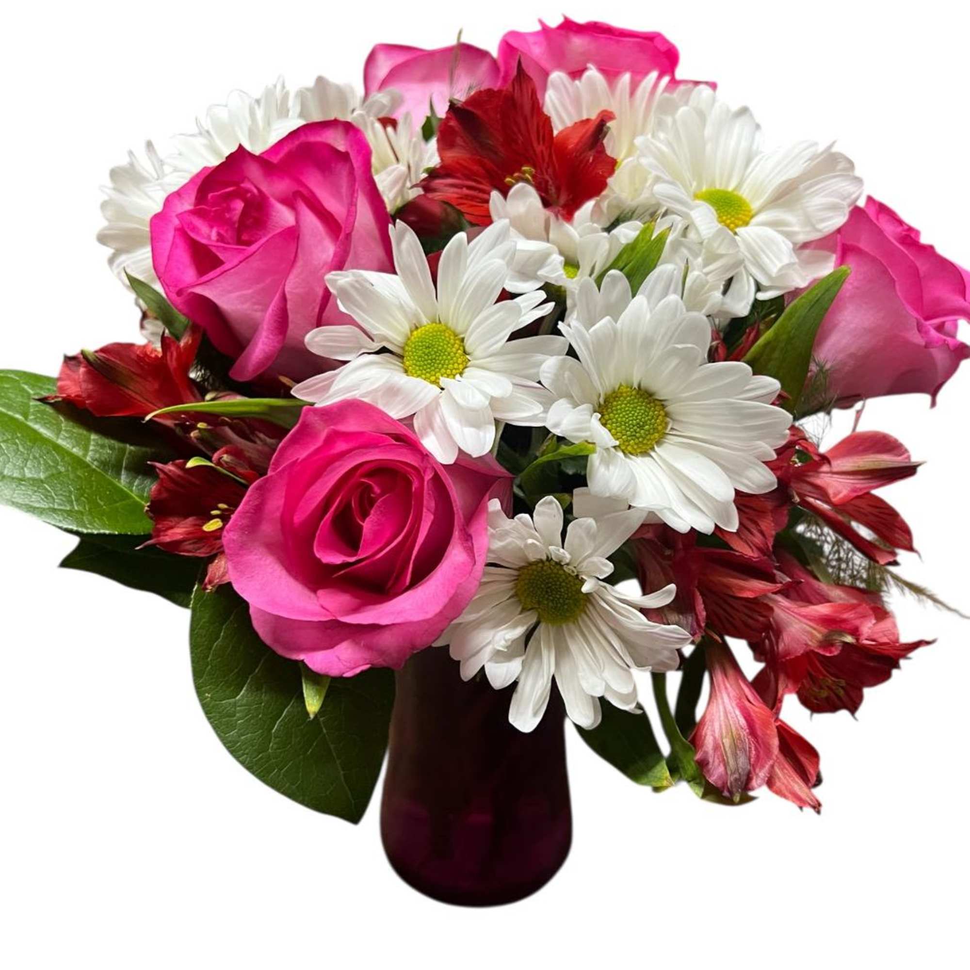 Hot pink roses, white mums/daisies, and red alstroemeria - a traditional Valentine's