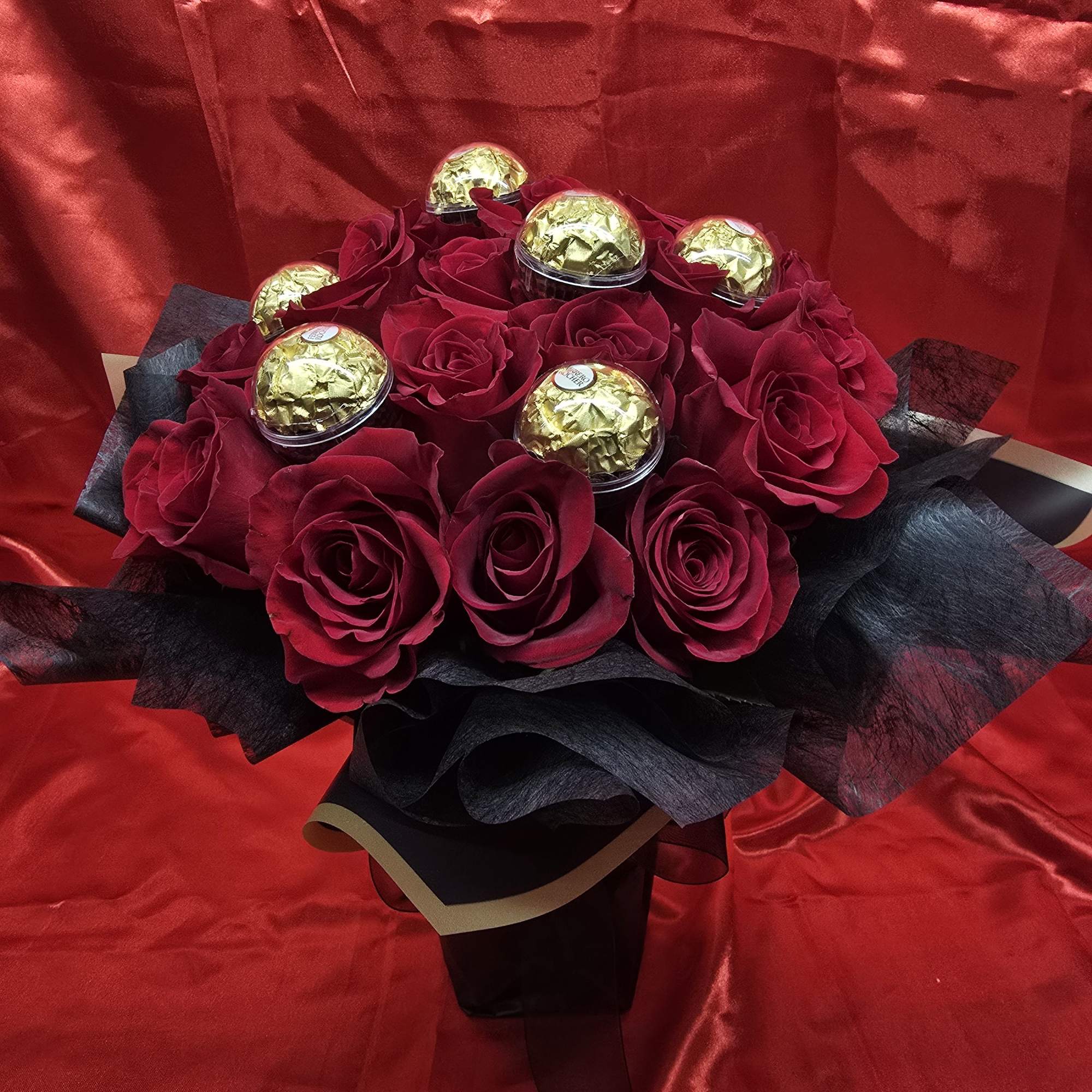 2 Dozen red roses with
Ferrero Rocher chocolates 
Trendy design
#FerreroRocherBouquet
#TikTokTrend
