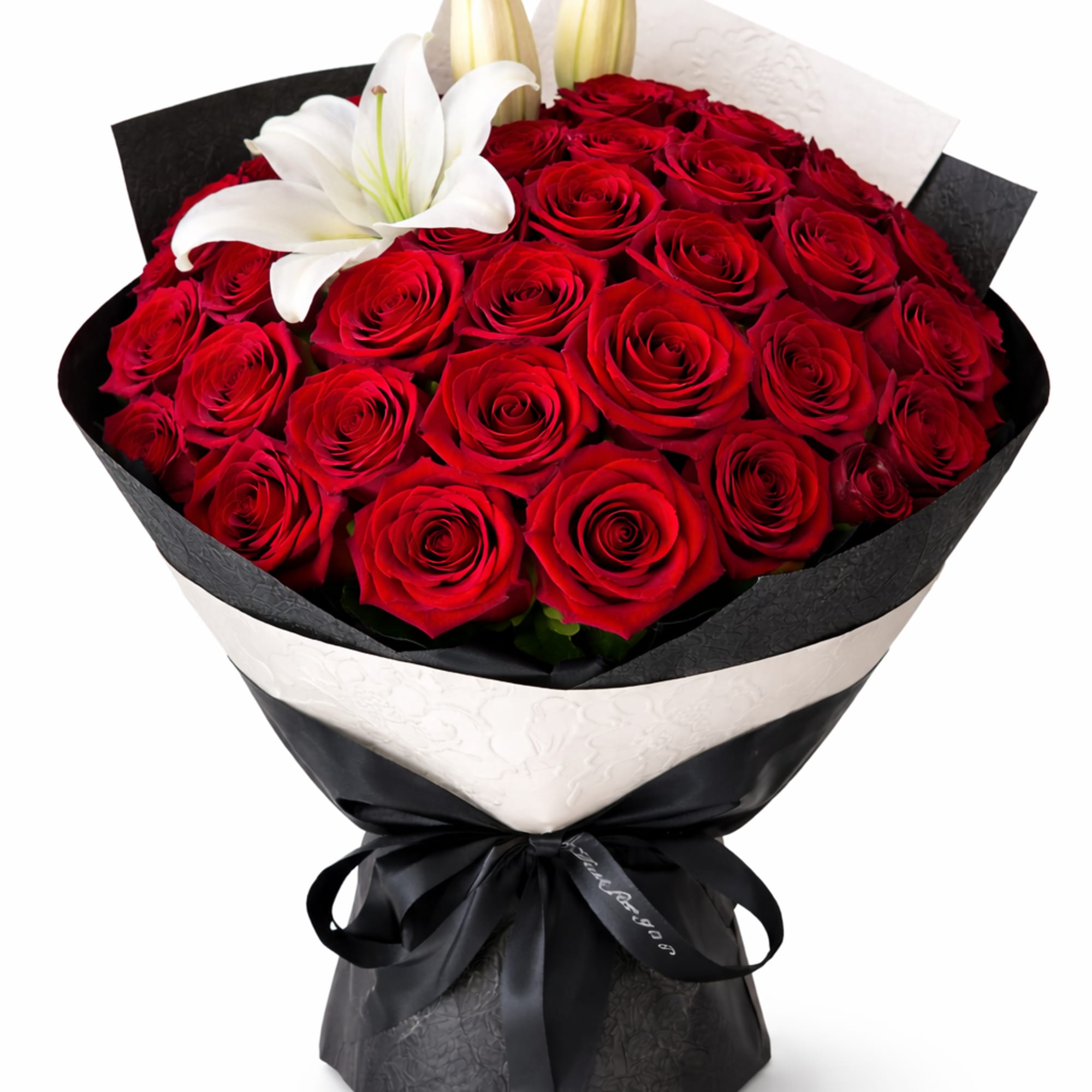 This elegant bouquet features premium red roses beautifully paired with fresh white