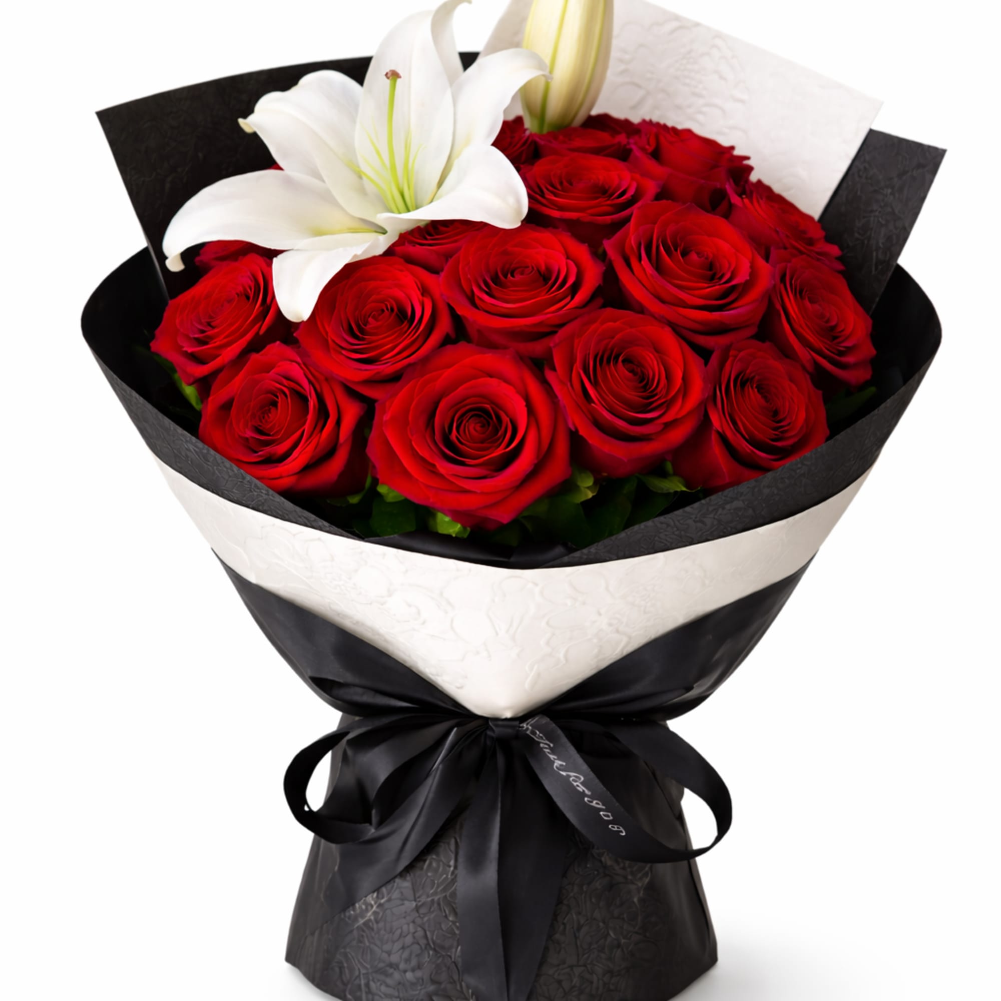 This elegant bouquet features premium red roses beautifully paired with fresh white