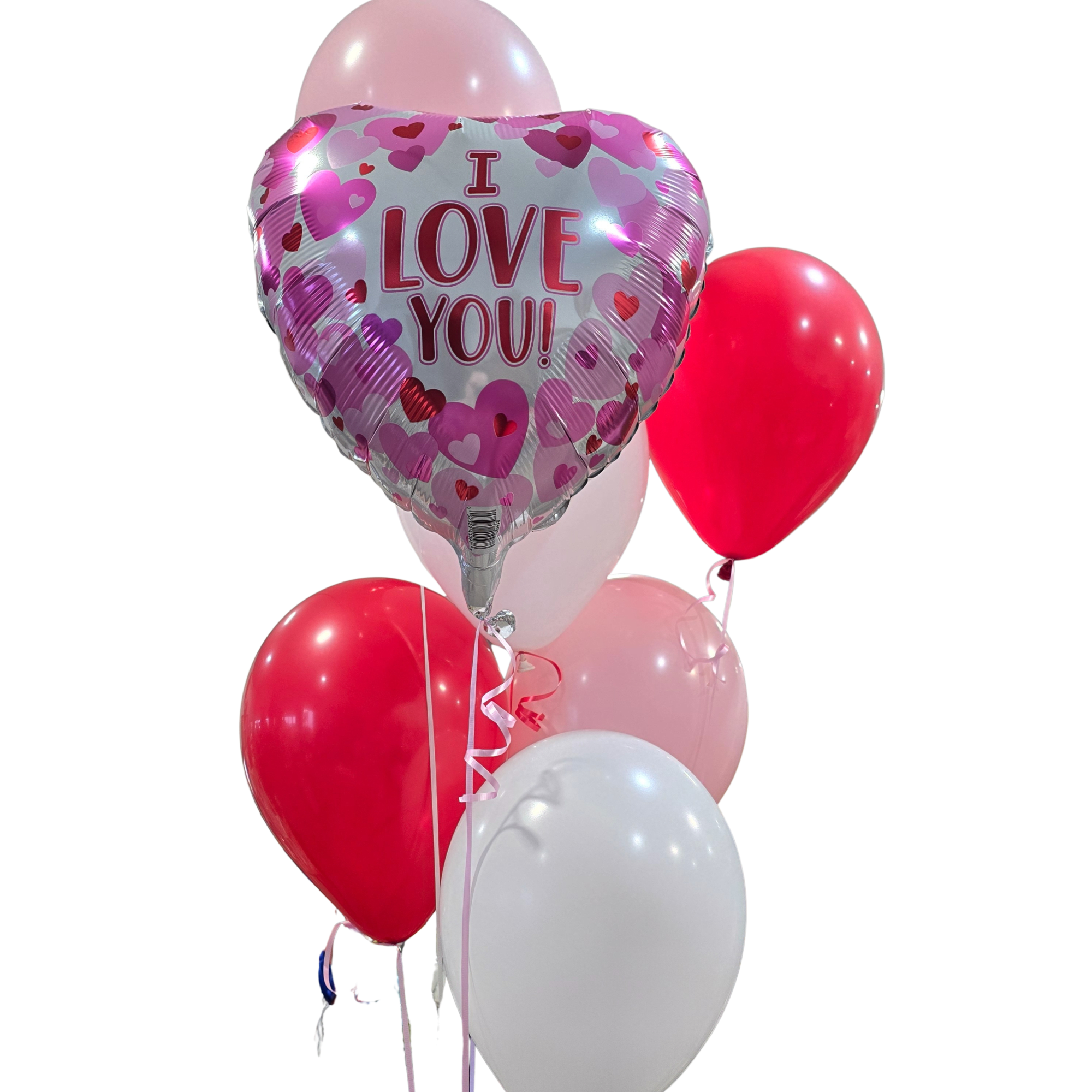 Mix of pinks, red and white latex. A few mylar hearts. 