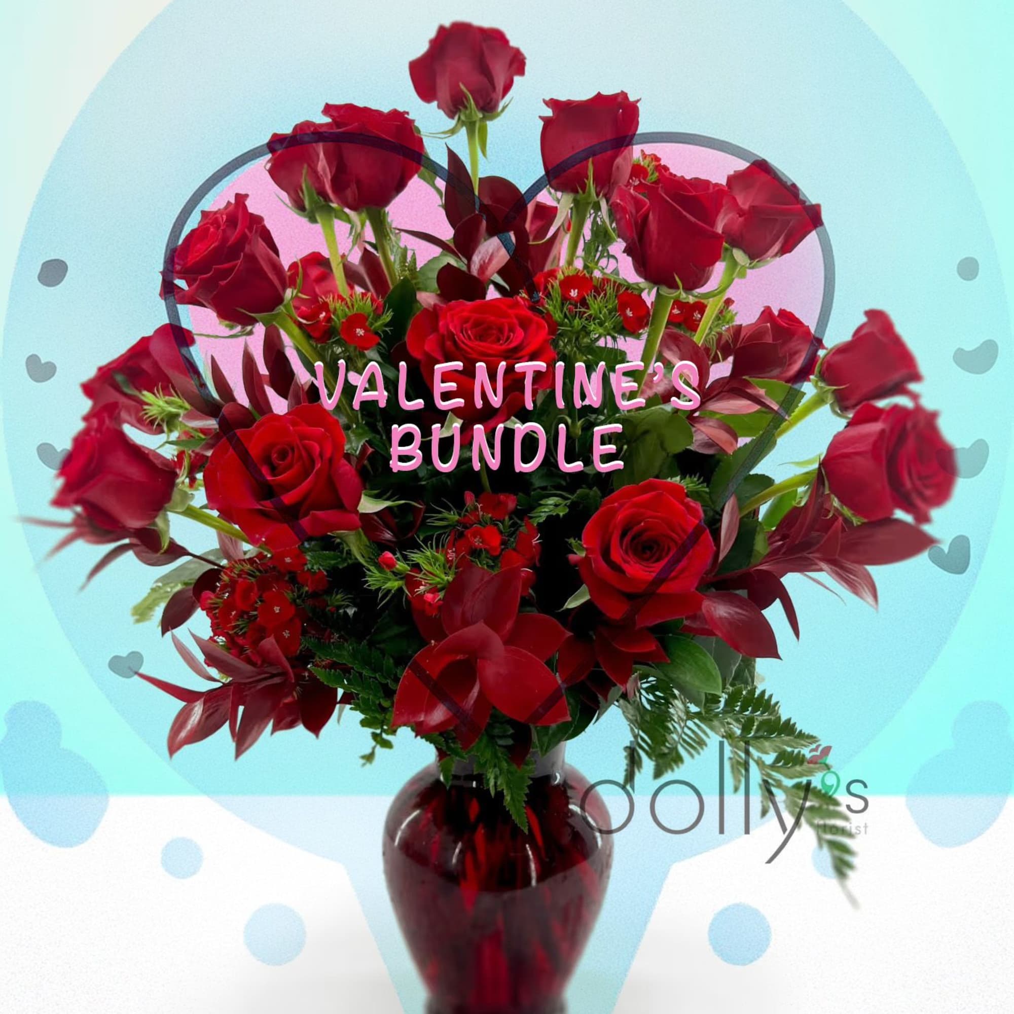 18 Long-Stem Red Roses With 15" (38cm) Brown Plushie Bear.