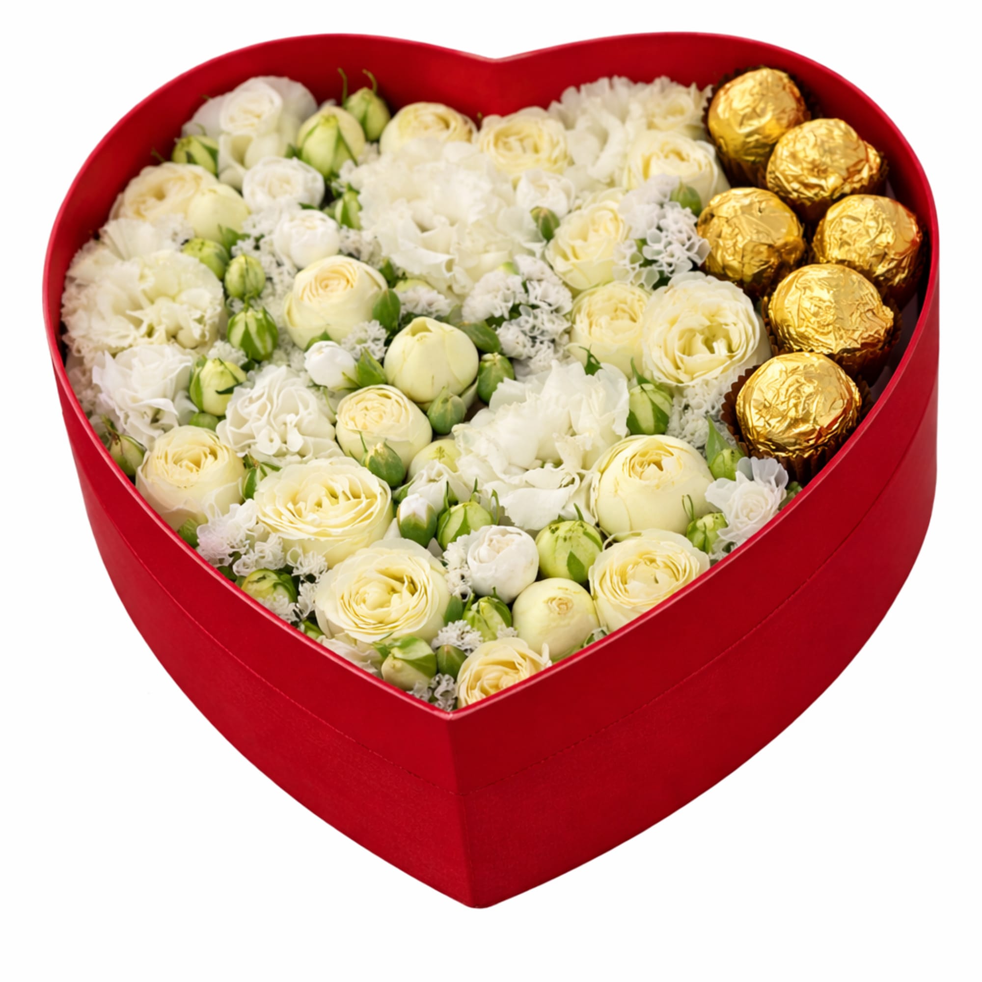 Red heart box with mix of flowers and candy. 