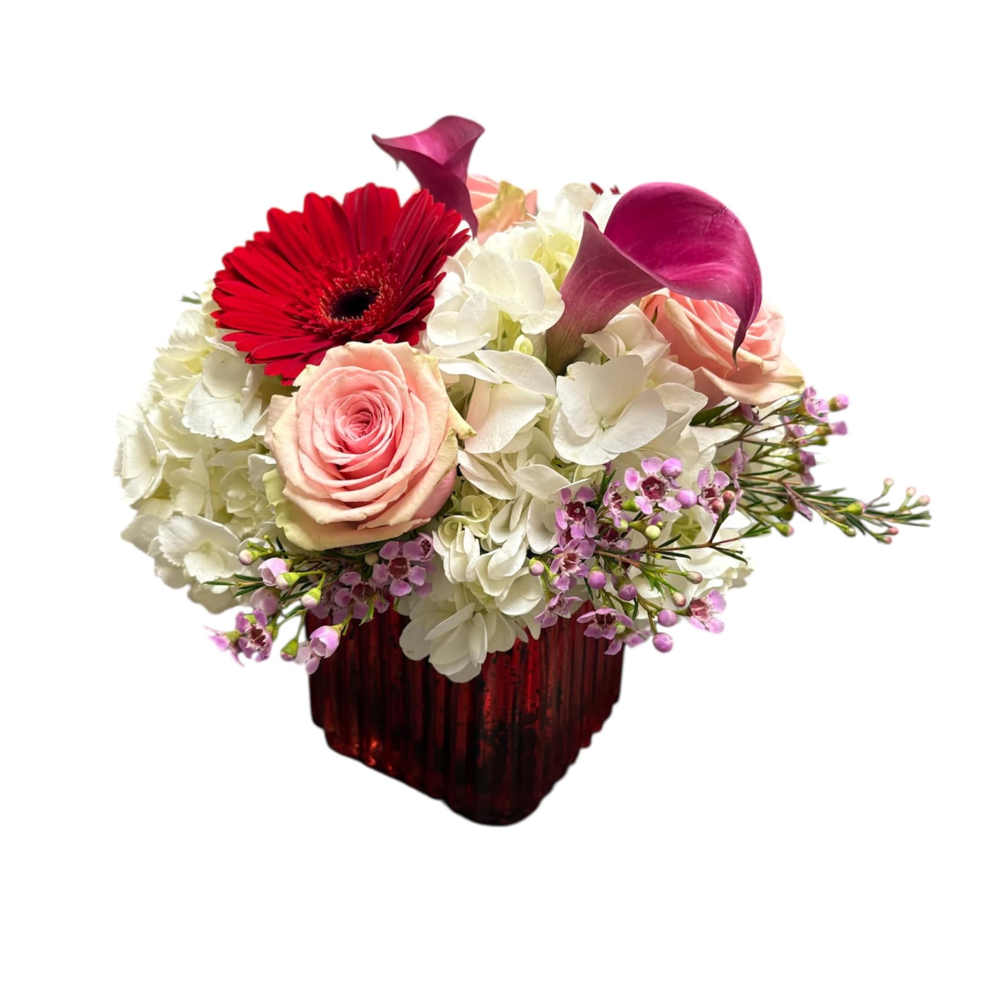 Fun and cute red cube arrangement of white, pink and red flowers