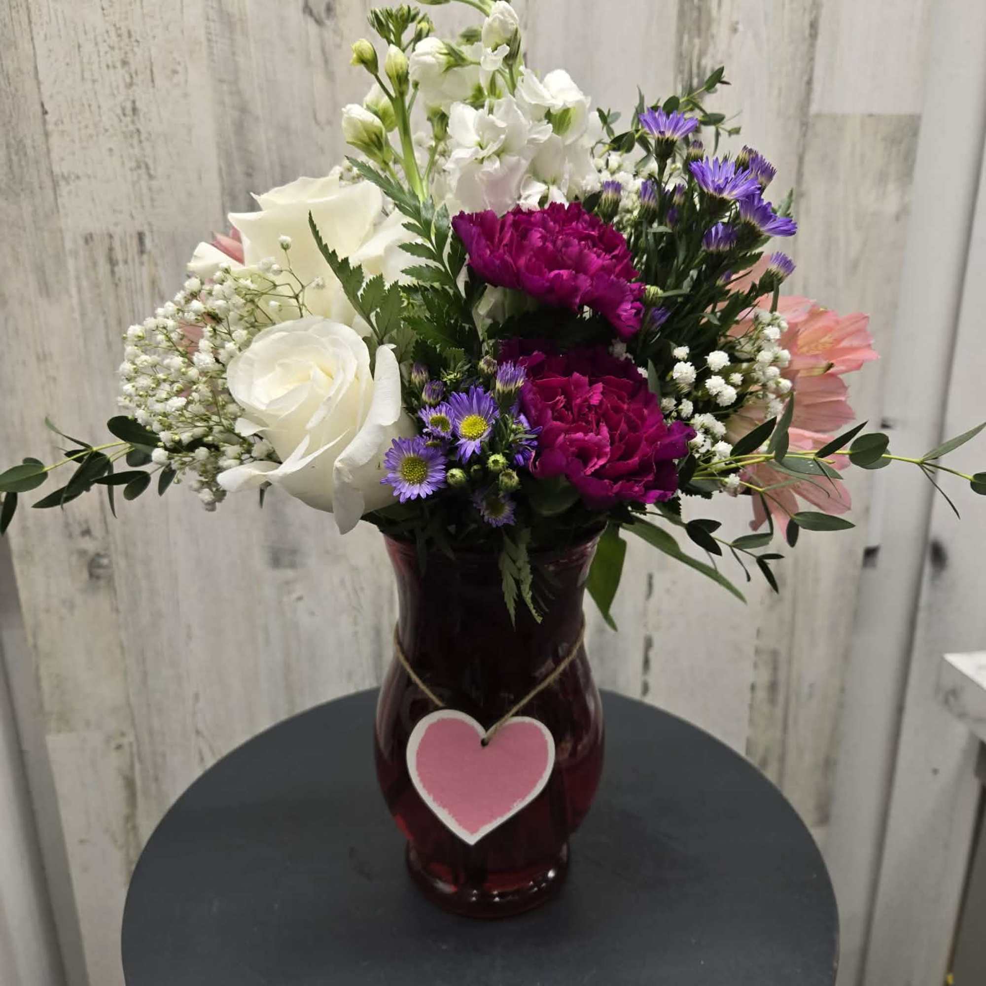 Nice and Bright Valentines Arrangement. Red vase Or Pink Vase. White roses