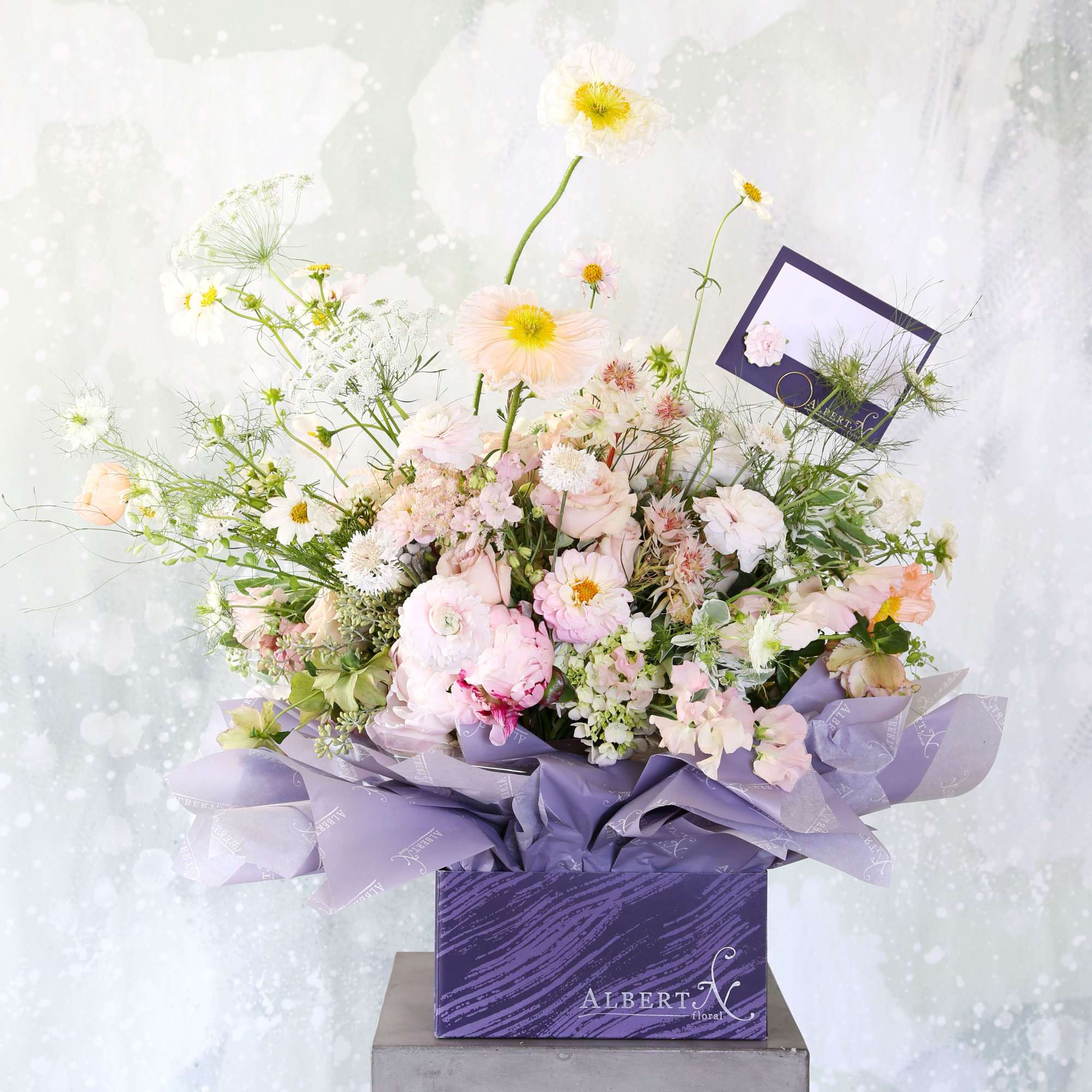 A soft blush, peach, sand color way which express a very gentle