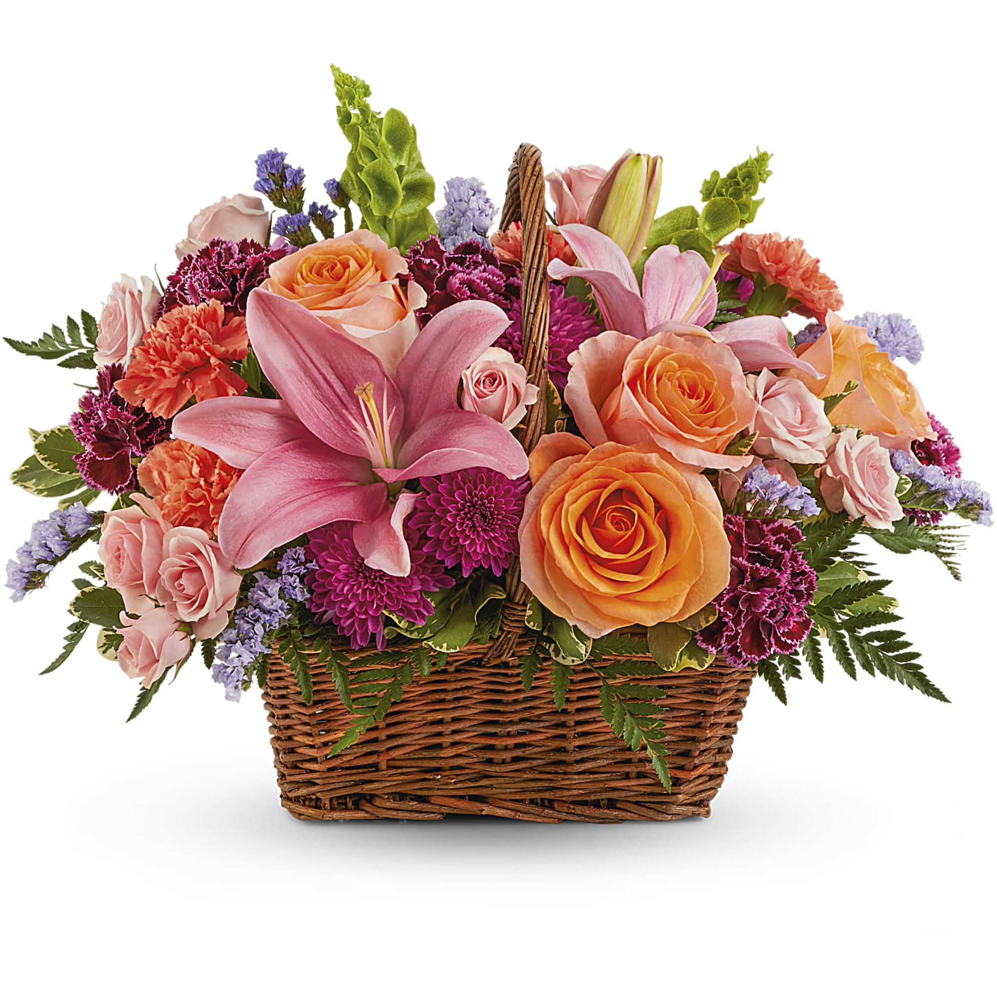 Like an island sunrise, this basket of orange and pink blooms are