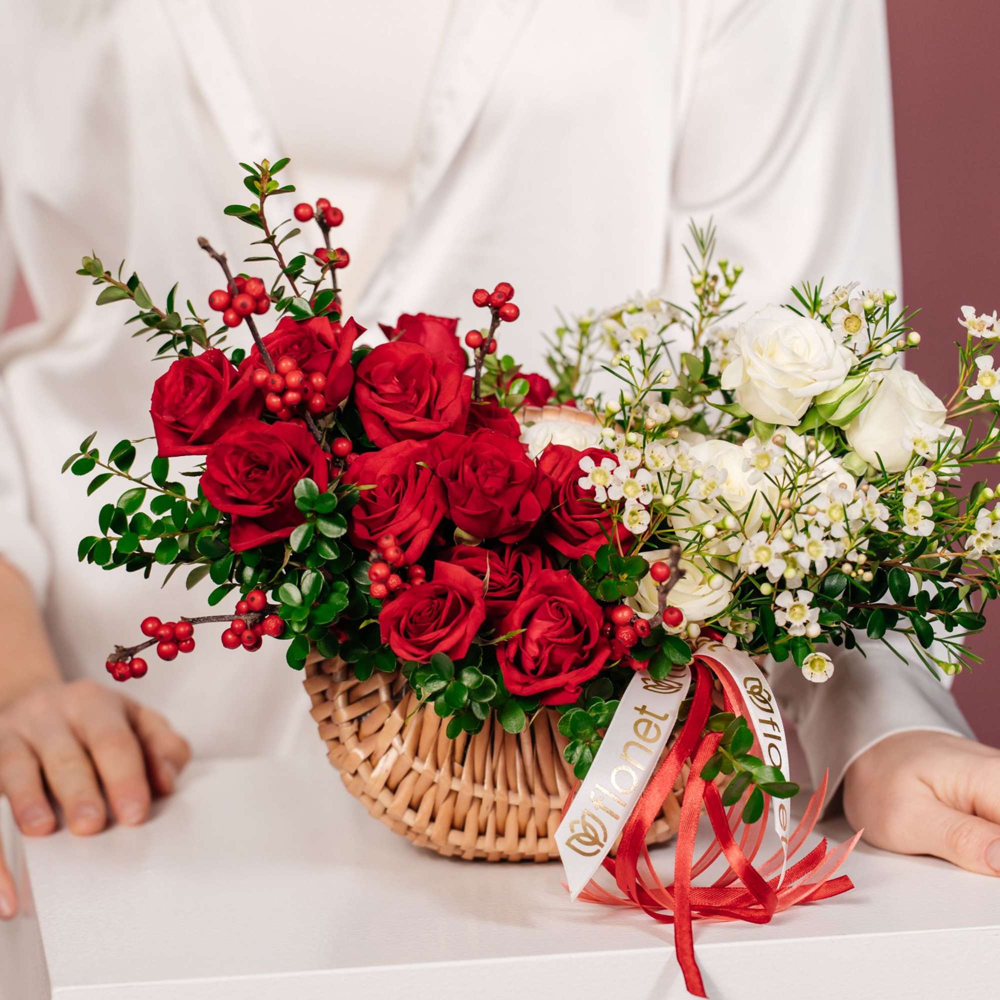 The Romantic Red Rose Flower Basket is a classic and elegant floral