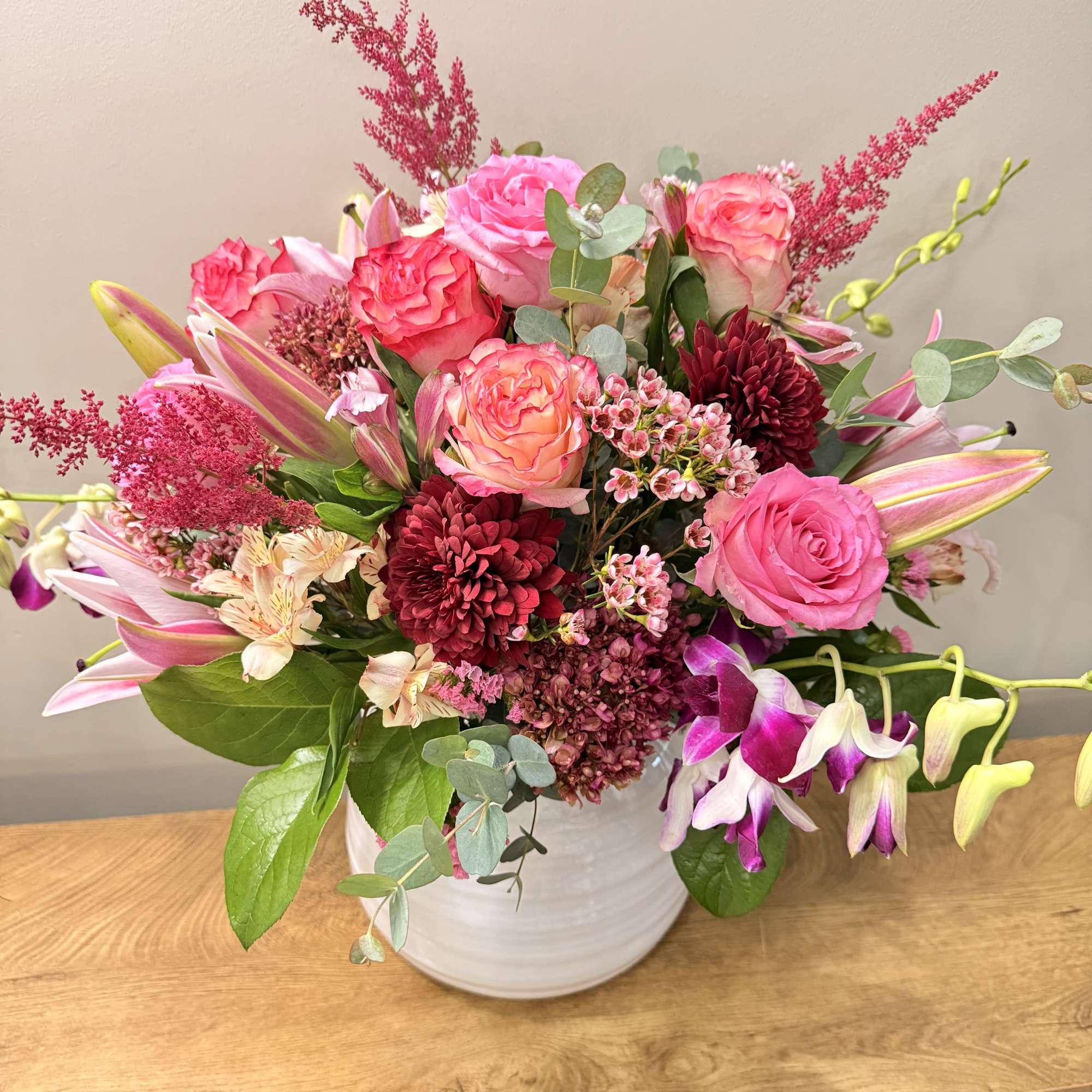Lovely mix of premium flowers. Beautiful large arrangement for your love one.