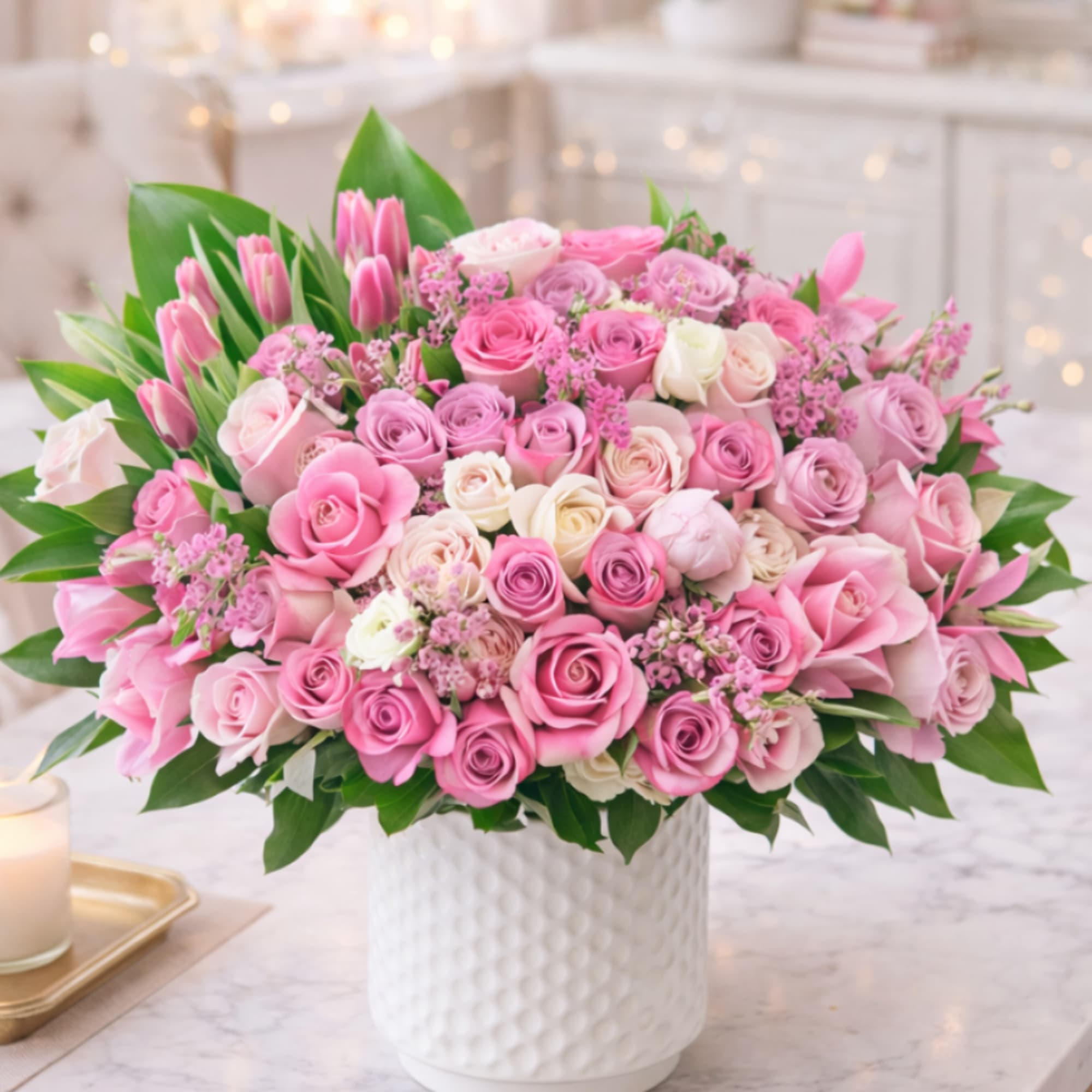 An abundant and romantic statement arrangement designed to impress. The Blush Garden
