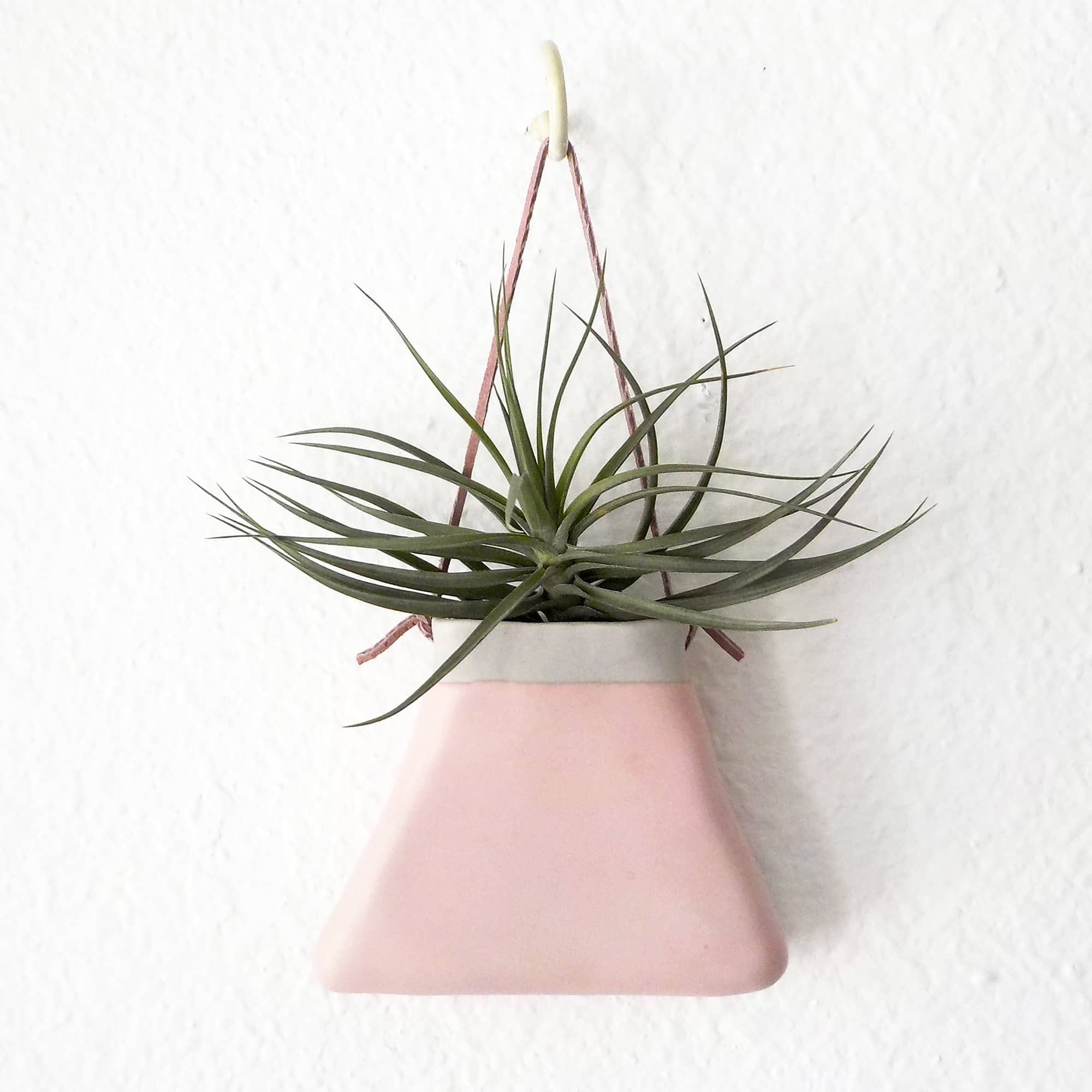 A ceramic triangular "purse" planter with matte pink glaze with a tan