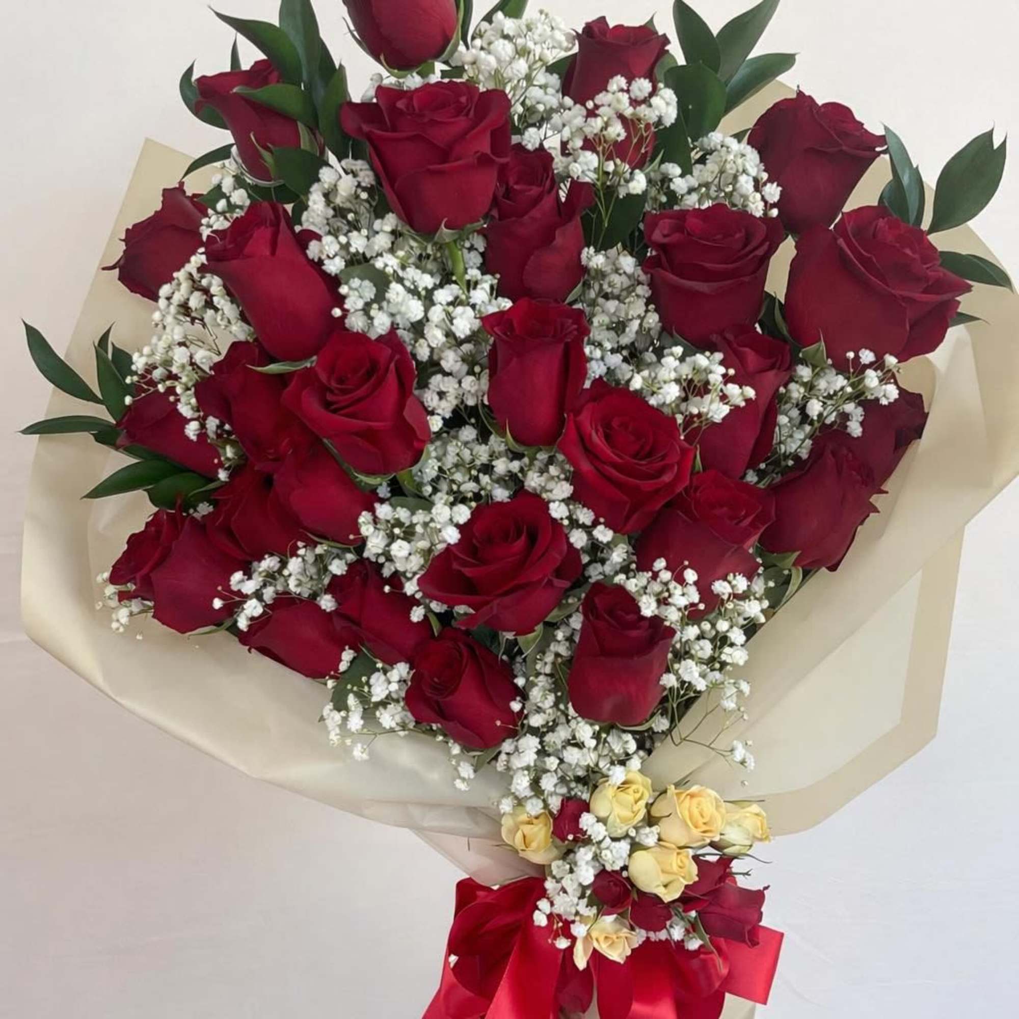 Twenty-four Red Roses in a soft beige wrap. Perfect for Valentine's Day.