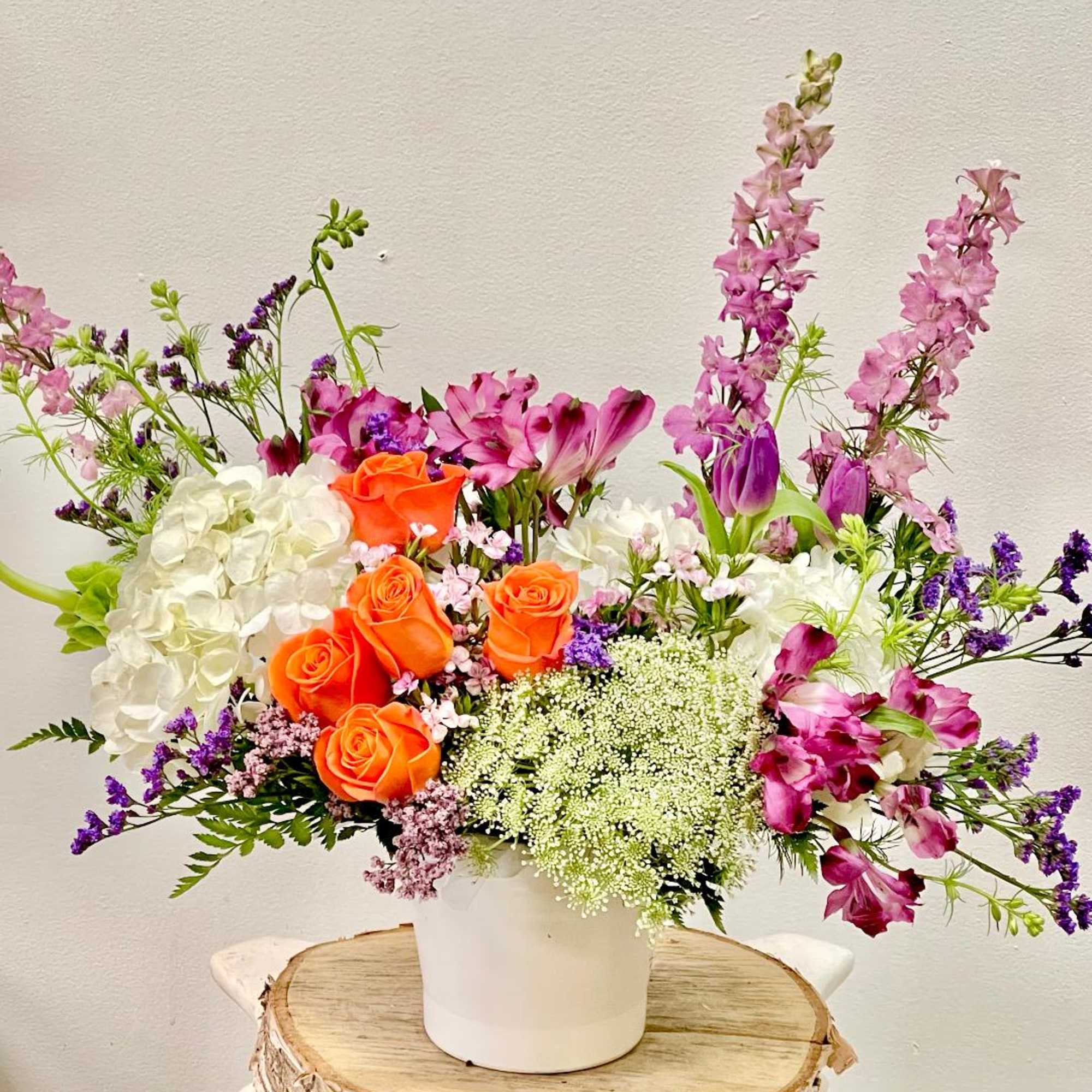 Product Information


Theme Colors: Shades of pinks

Featured Blooms: Roses, Hydrangeas, Alstroemeria, Delphinium, wild