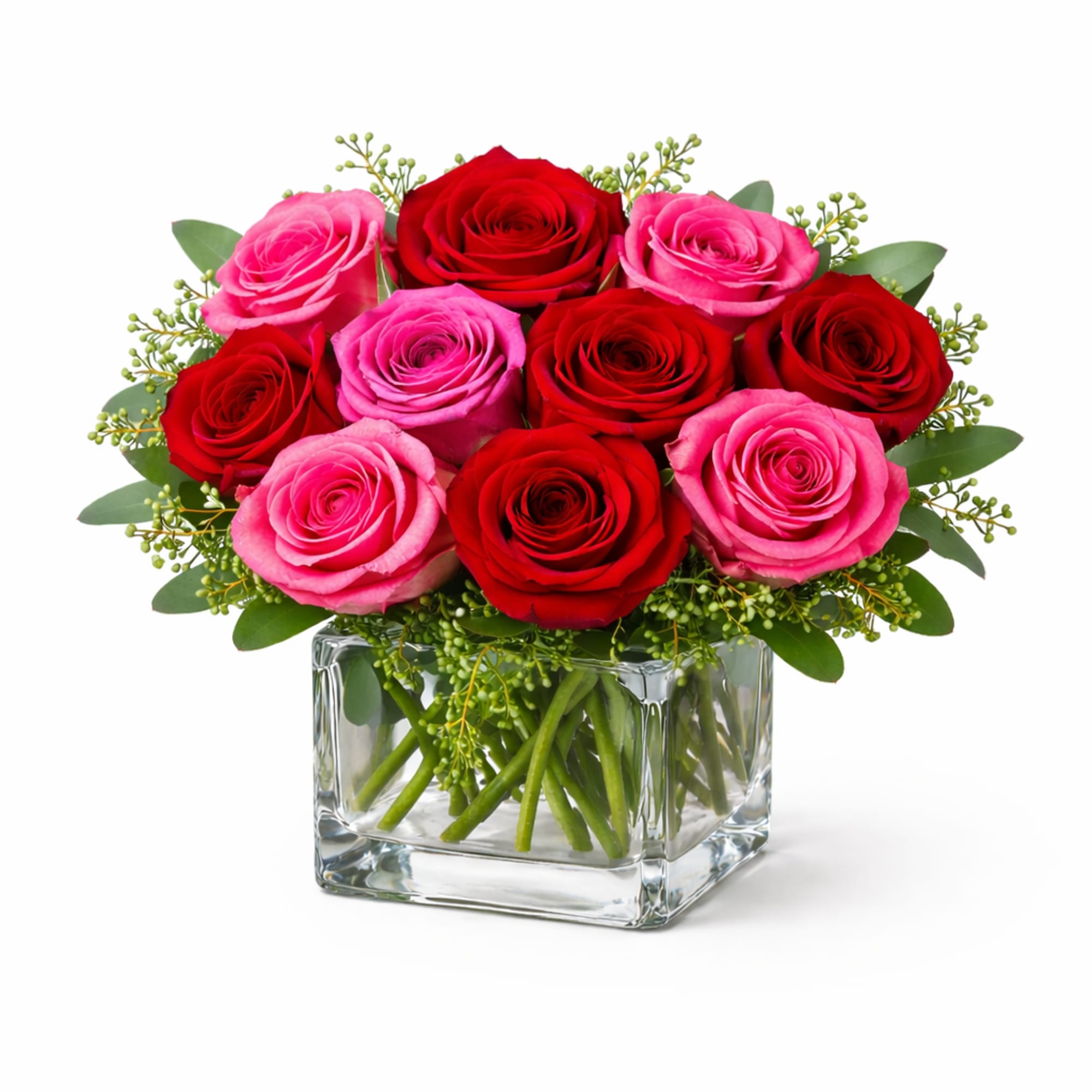Lush red &amp; hot pink roses , modern and compact dozen rose