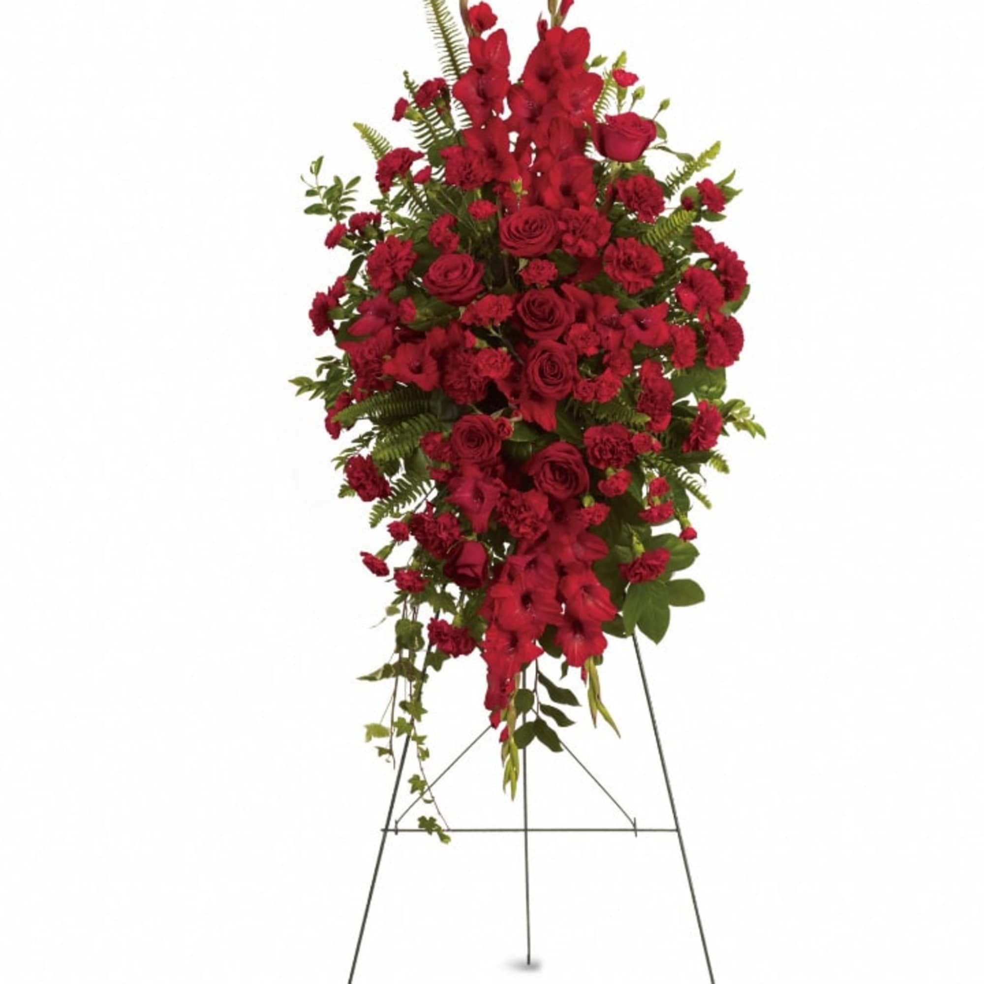 Express your heartfelt sympathies with this magnificent spray of all-red floral favorites.