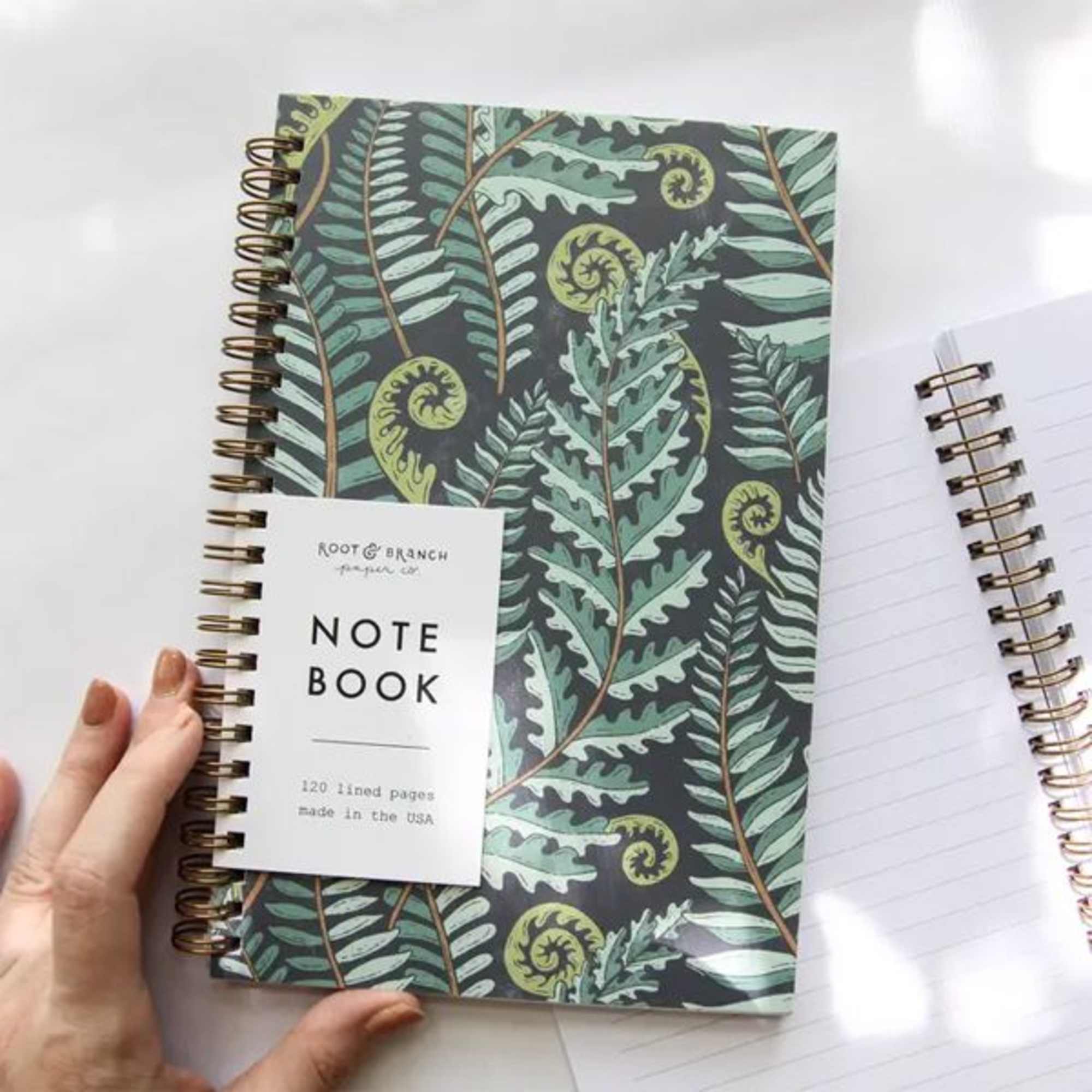 Root &amp; Branch gold coil spiral bound notebooks, crafted by hand. Created