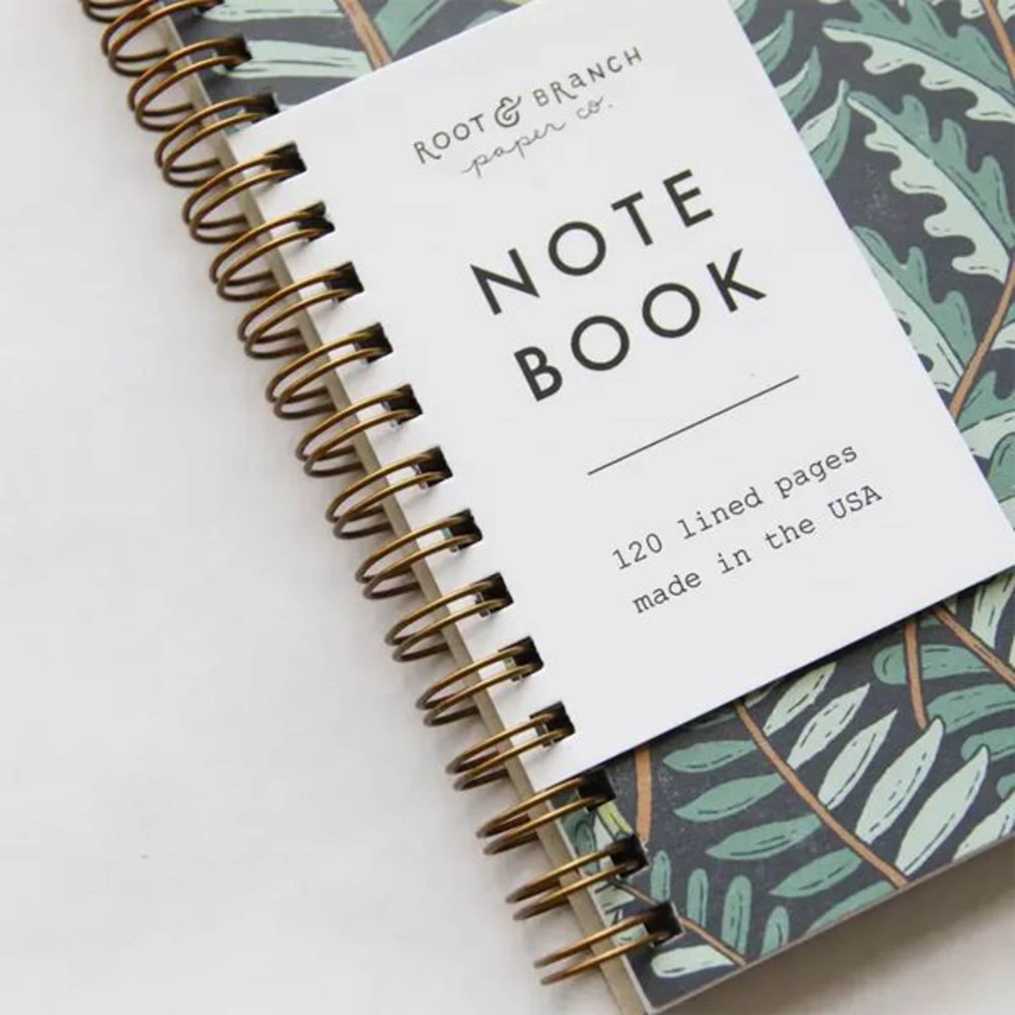 Root &amp; Branch gold coil spiral bound notebooks, crafted by hand. Created