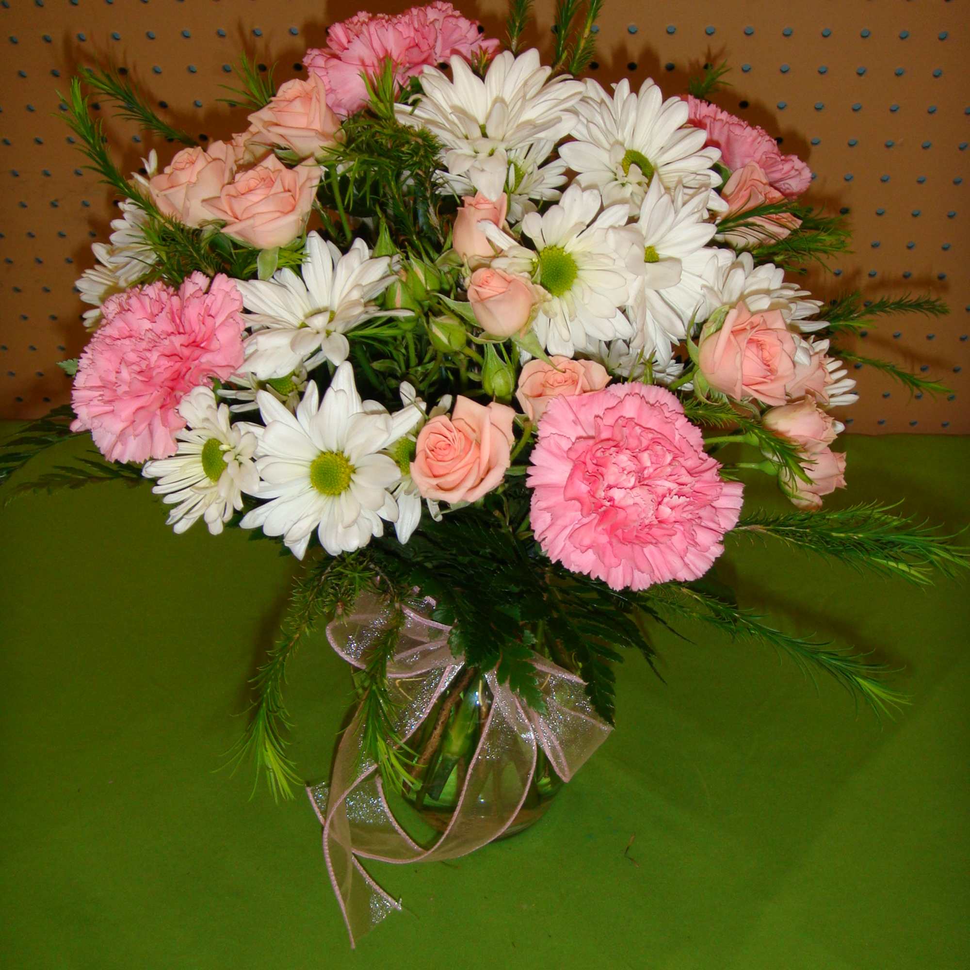 Vase Arrangement Of Pink Roses,Pink Carnations &amp; White Dasies