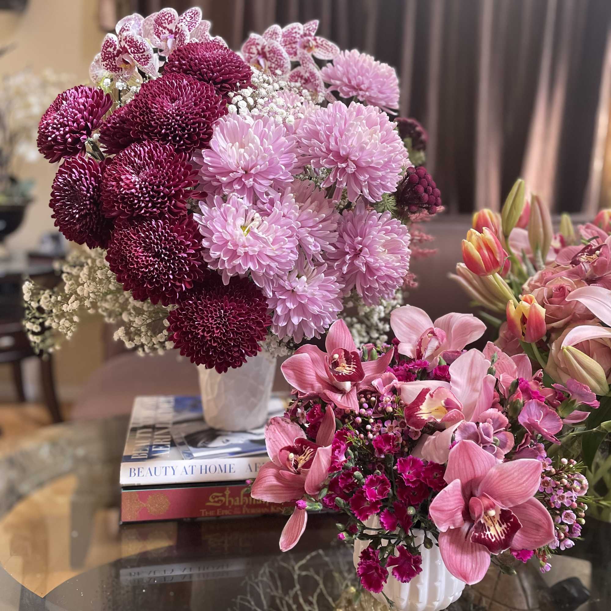 Purple and pink combination. Fluffy chrysanthemums. Come in different colors. This custom