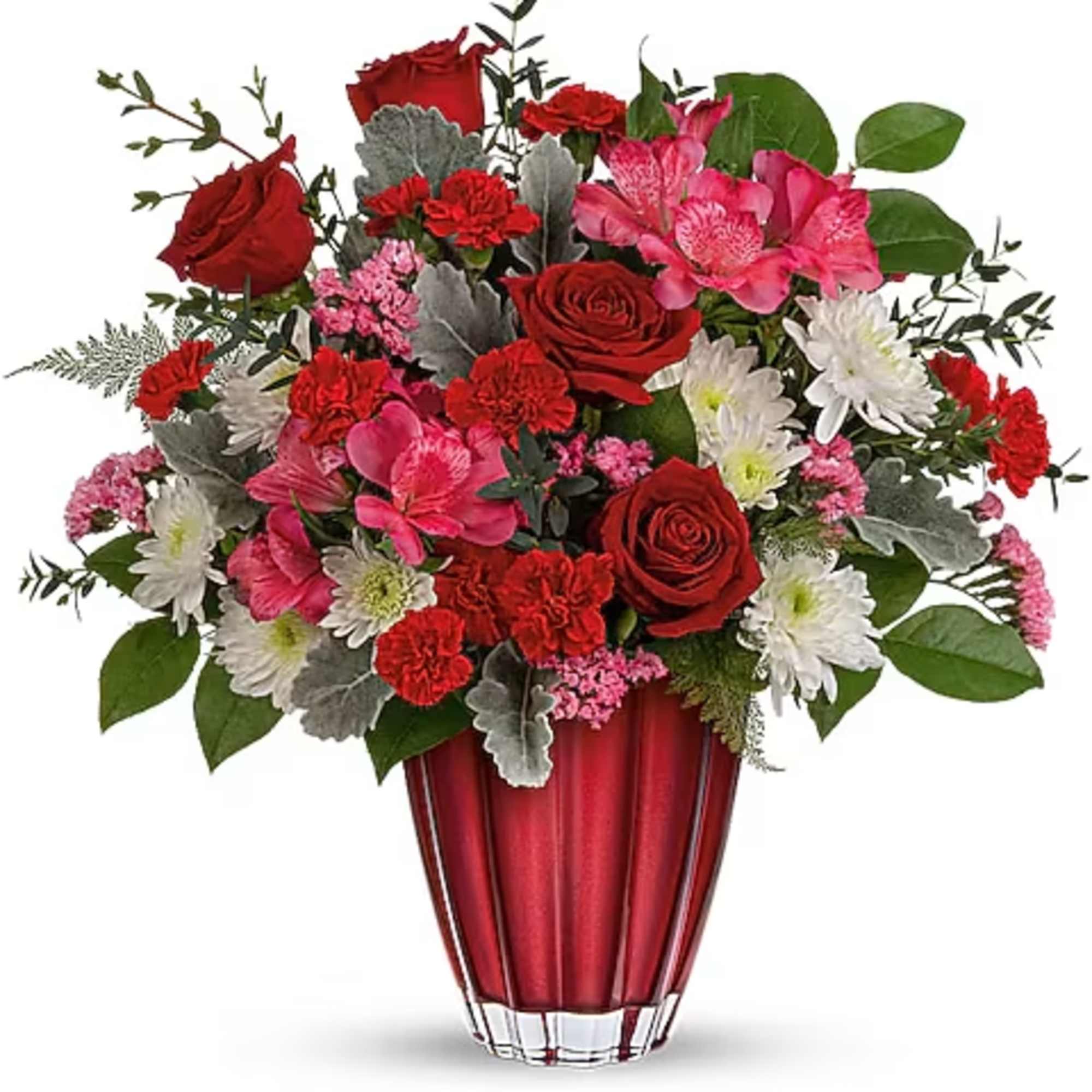 Sleek and sophisticated, this stunning Valentine's Day surprise features lush red and