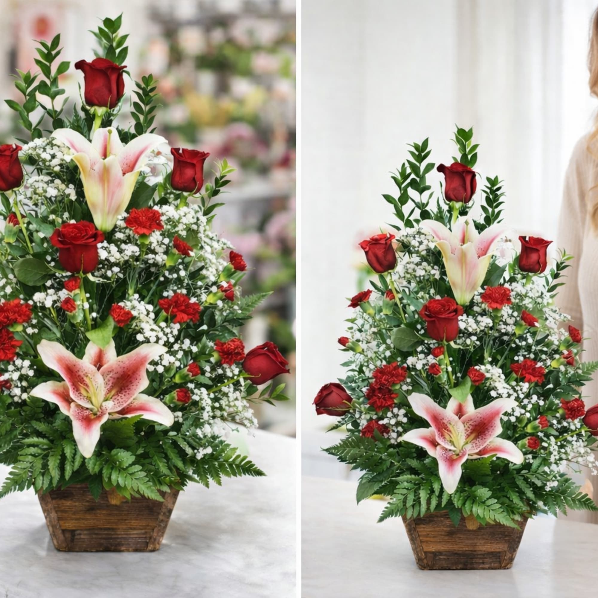 Rustic red container displaying a mix of high quality long stem roses