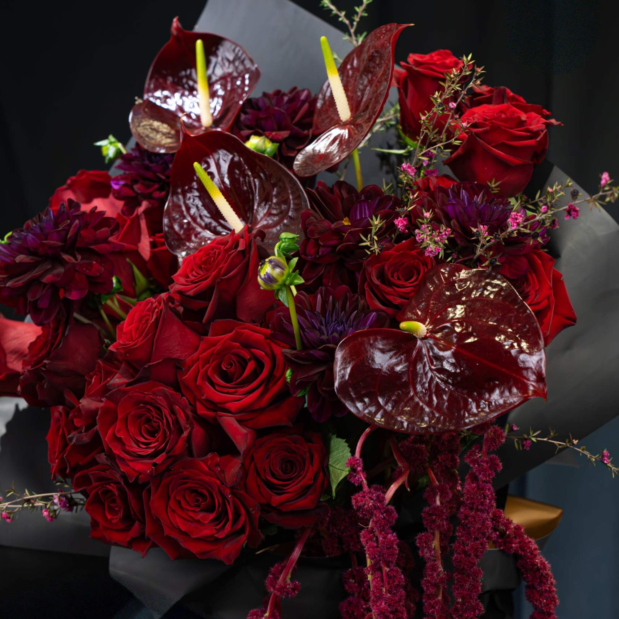 This bouquet is a rich, daring expression of passion and luxury. Velvety