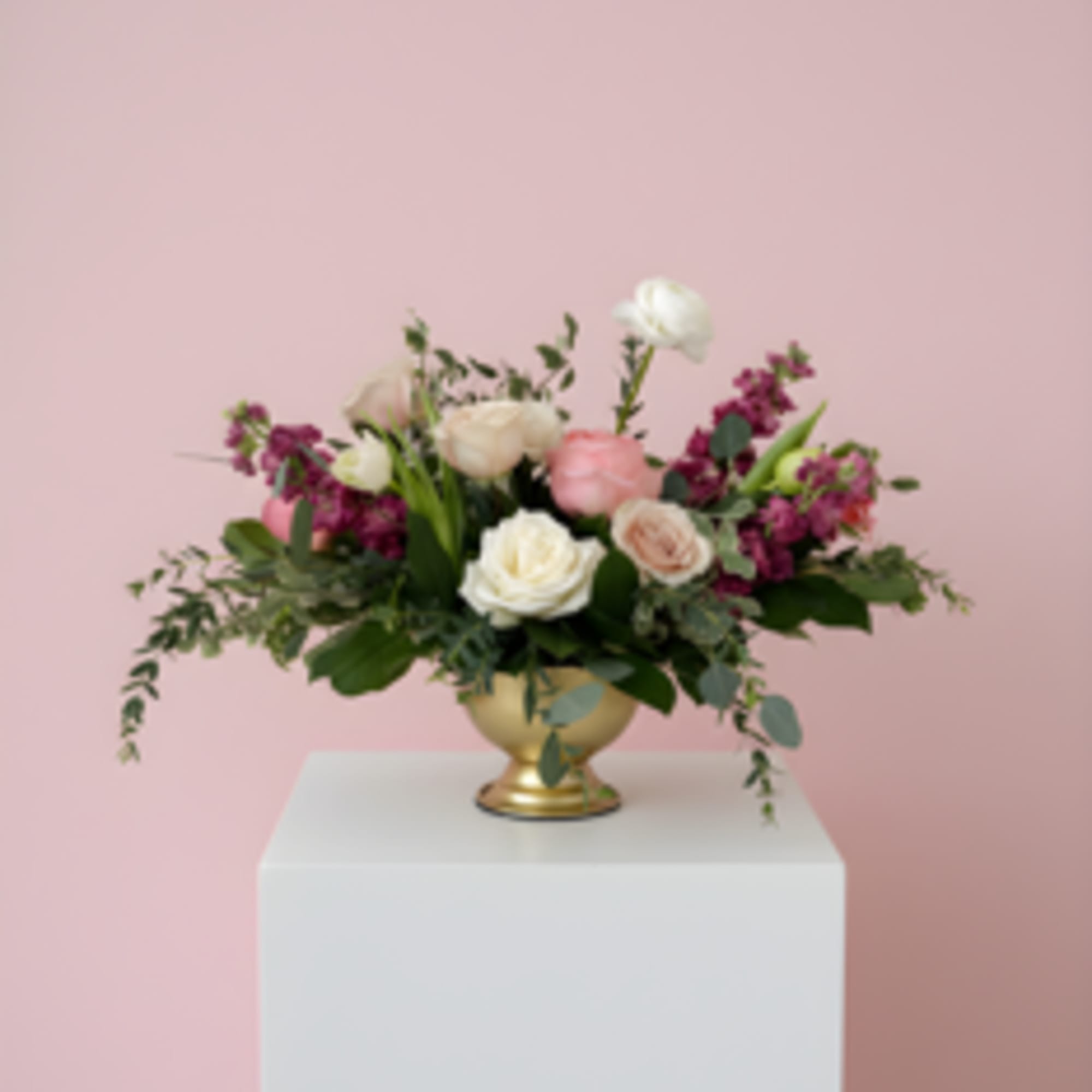 Vintage inspired gold compote filled with shades of pink, mauve and white