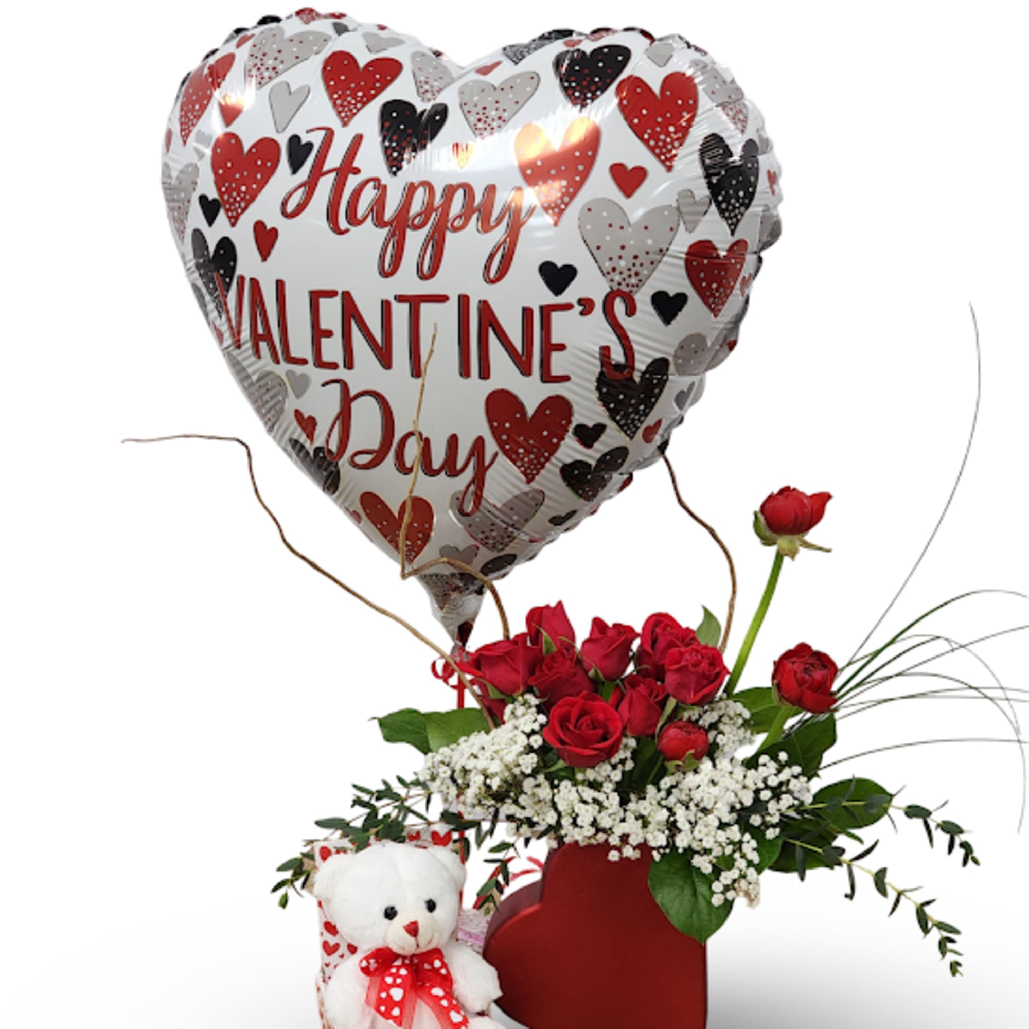 Includes:
- Straight From the Heart Arrangement
- Small White bear
- Hearts Mylar