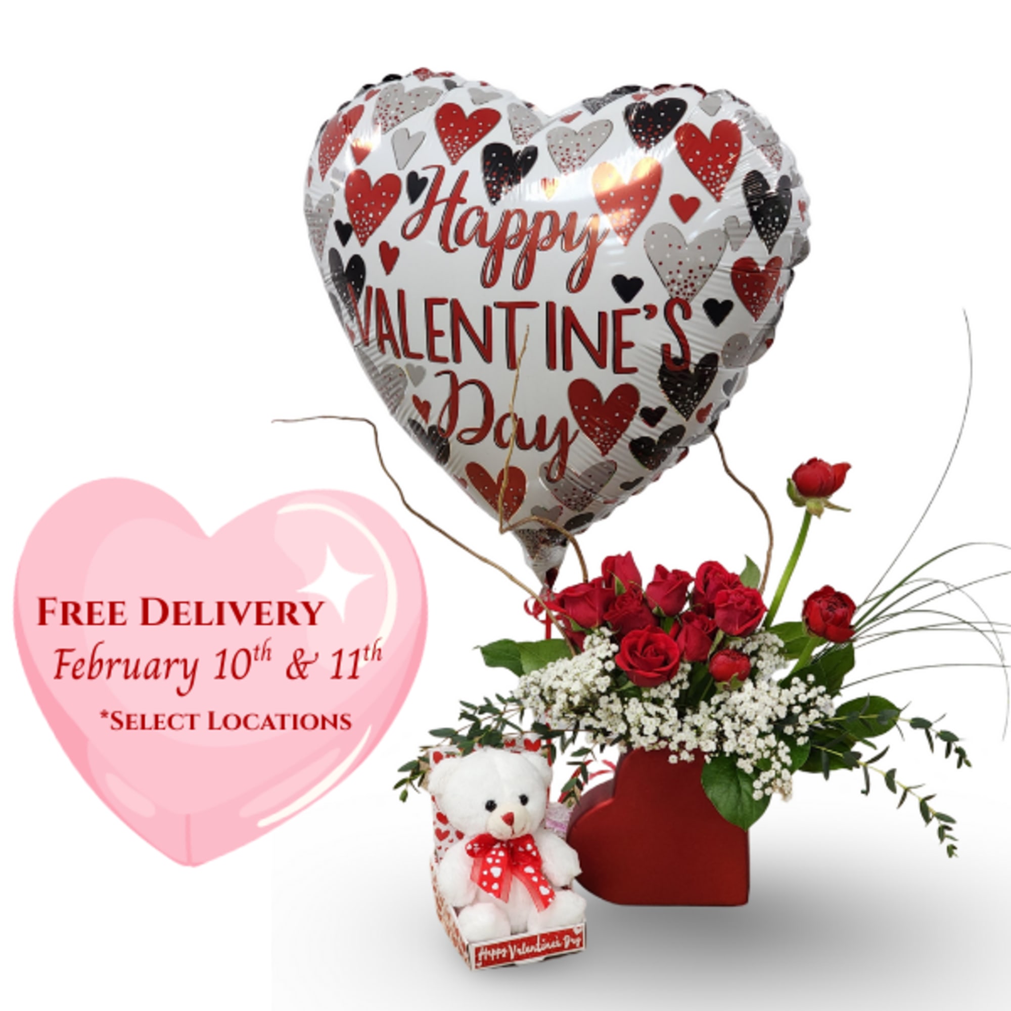 Includes:
- Straight From the Heart Arrangement
- Small White bear
- Hearts Mylar