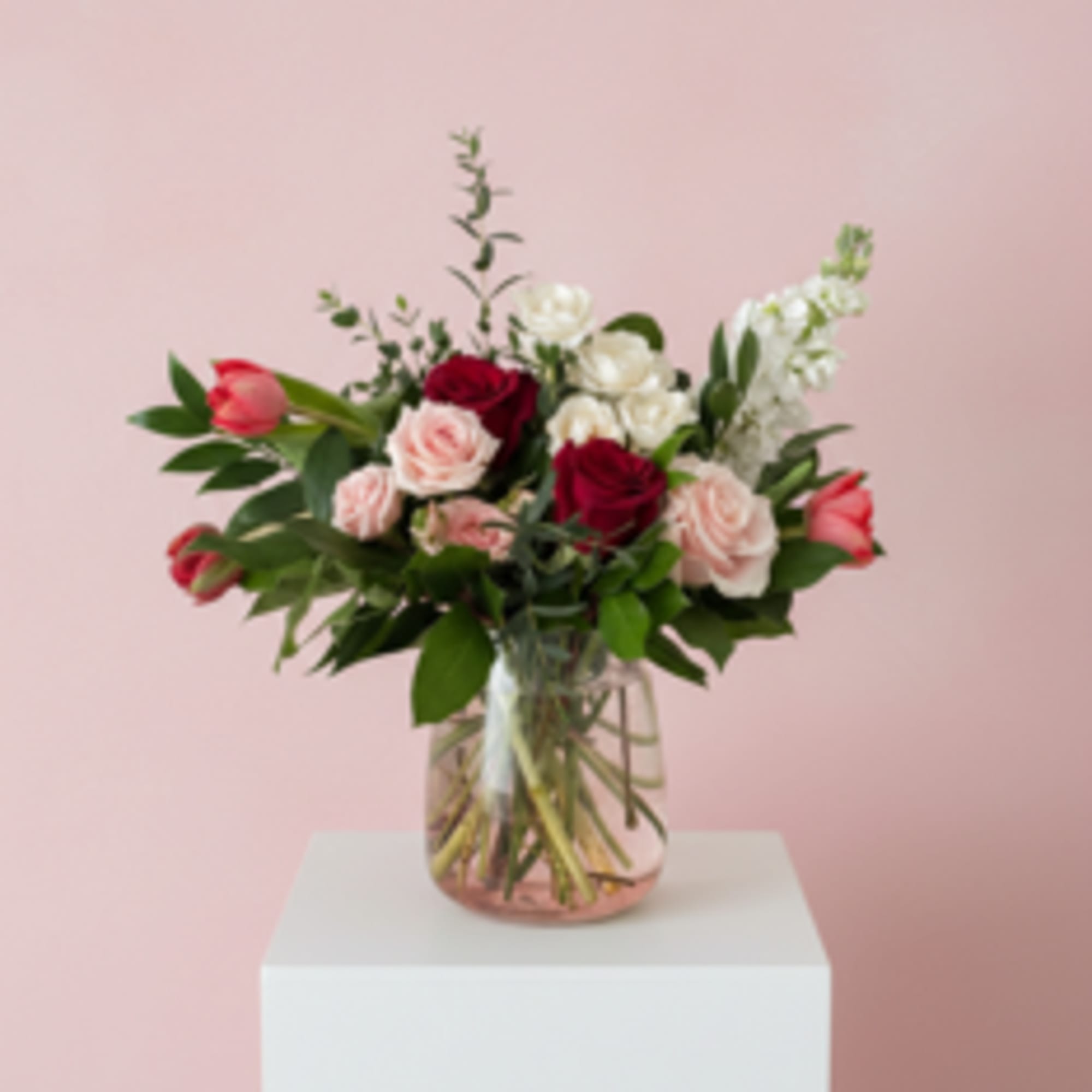 Perfect 'merci" for anyone! Classic red, pink, and white fllorals designed in