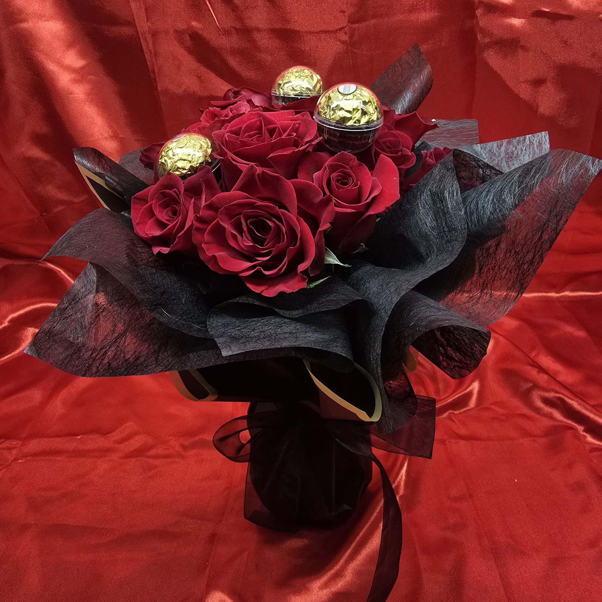 1 Dozen red roses with
Ferrero Rocher chocolates 
Trendy design
#FerreroRocherBouquet
#TikTokTrend
