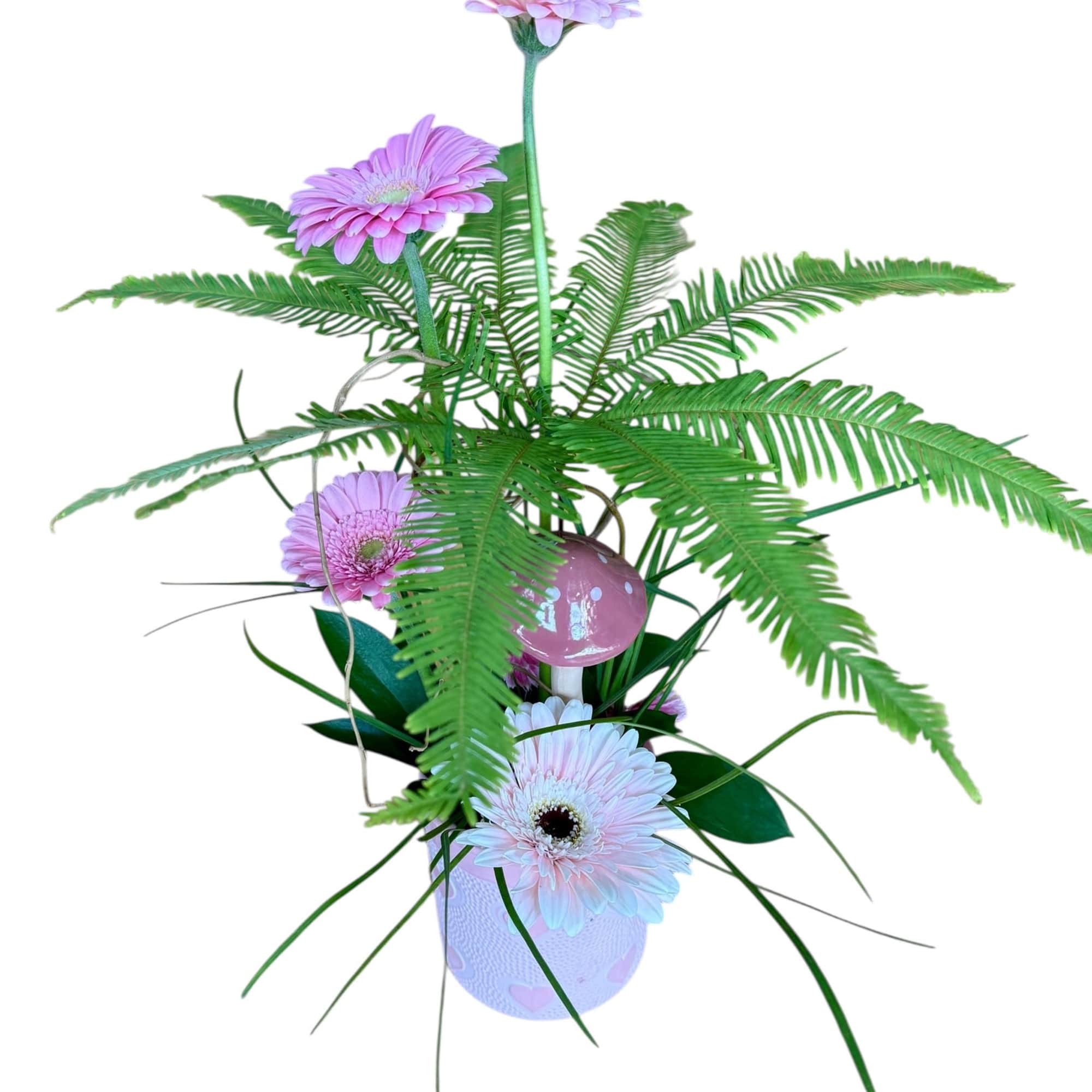  Retro 70's vibe.

Ceramic mushroom and planter with gerbera daisies.

Available in red