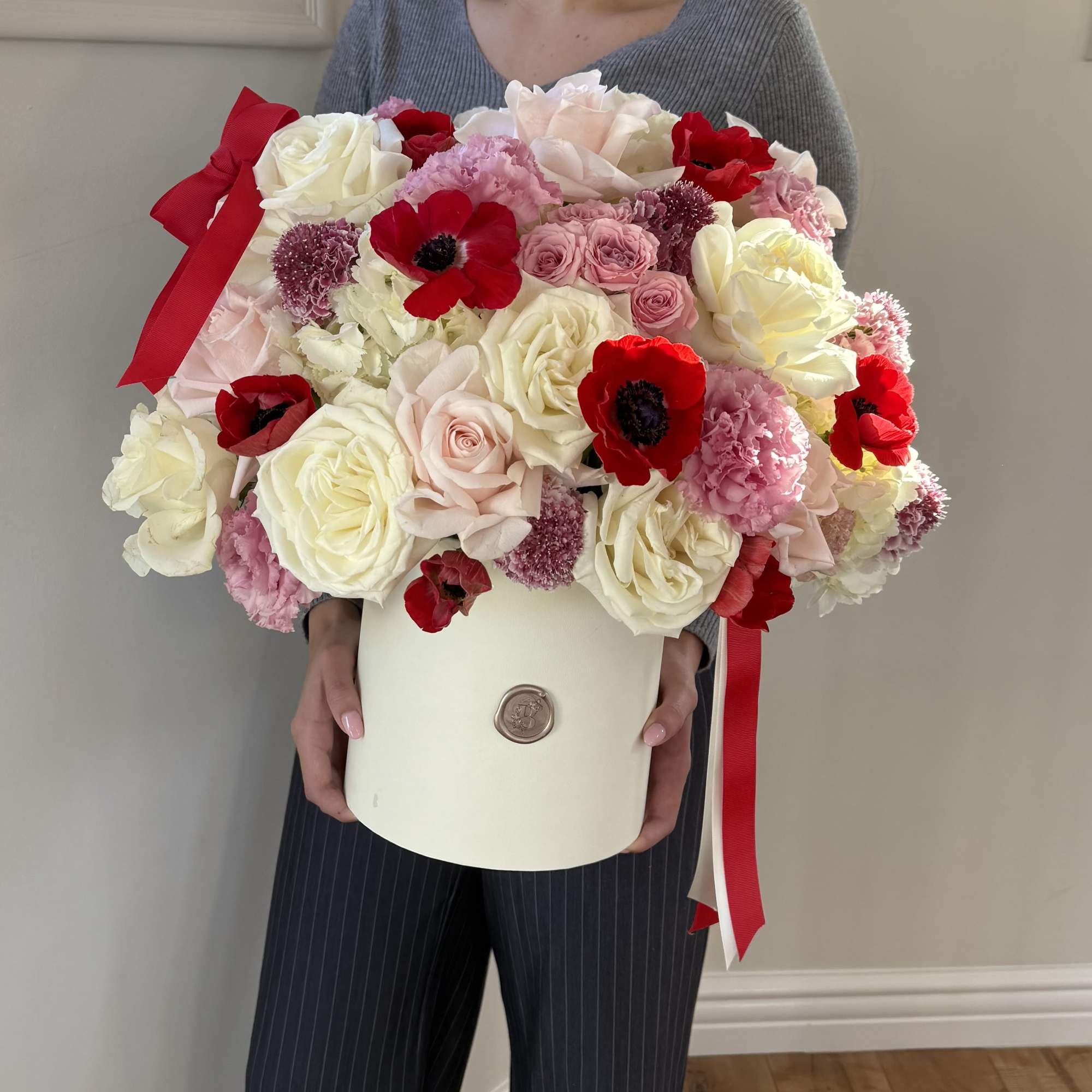 Our signature floral box features a dreamy blend of soft white and